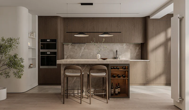 Contemporary kitchen with an island and integrated wine storage