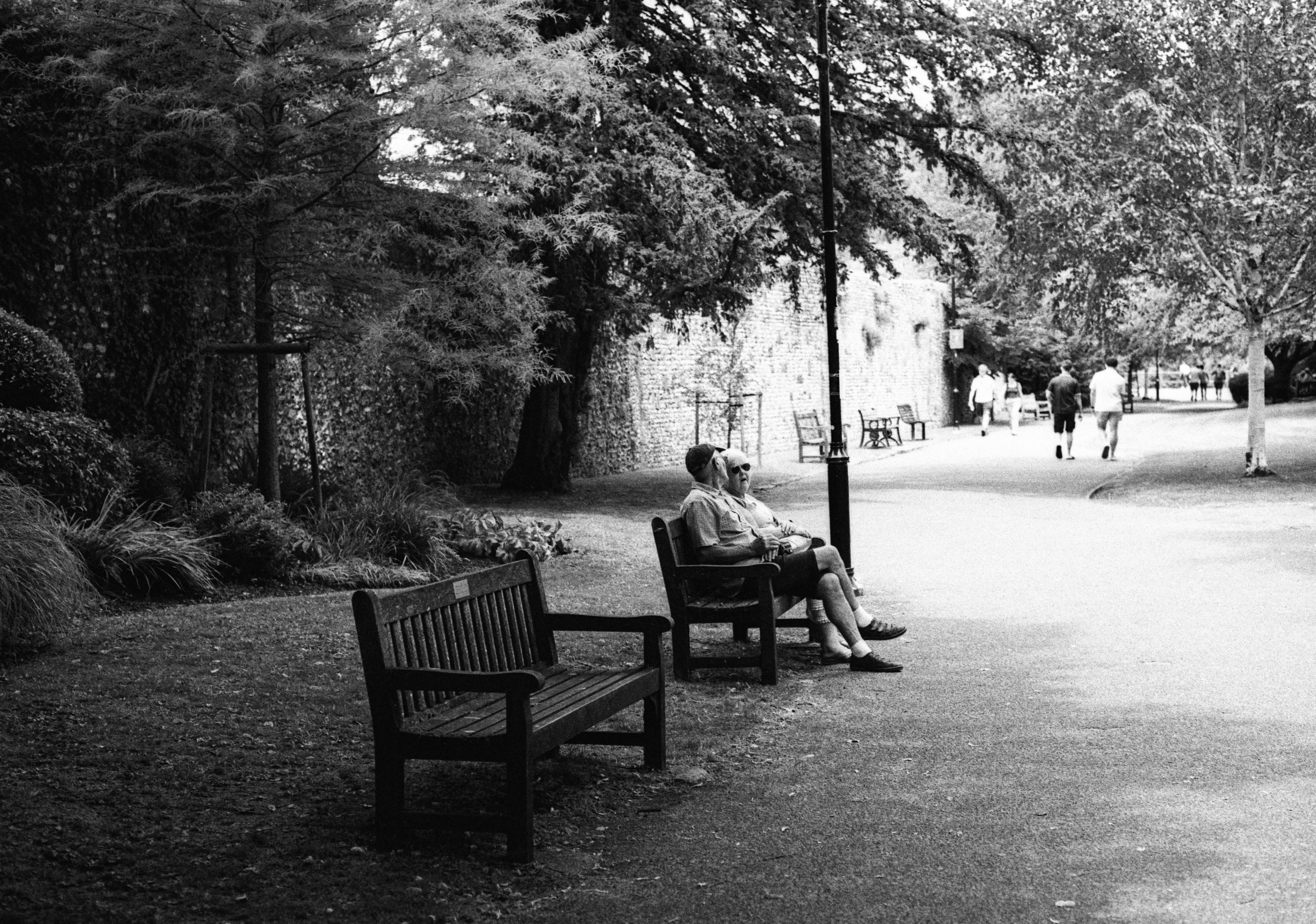 Due persone che si rilassano su una panchina del parco