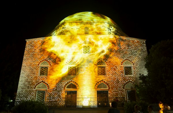 The Pasha Qasim mosque lit by a projection — Pécs, Hungary