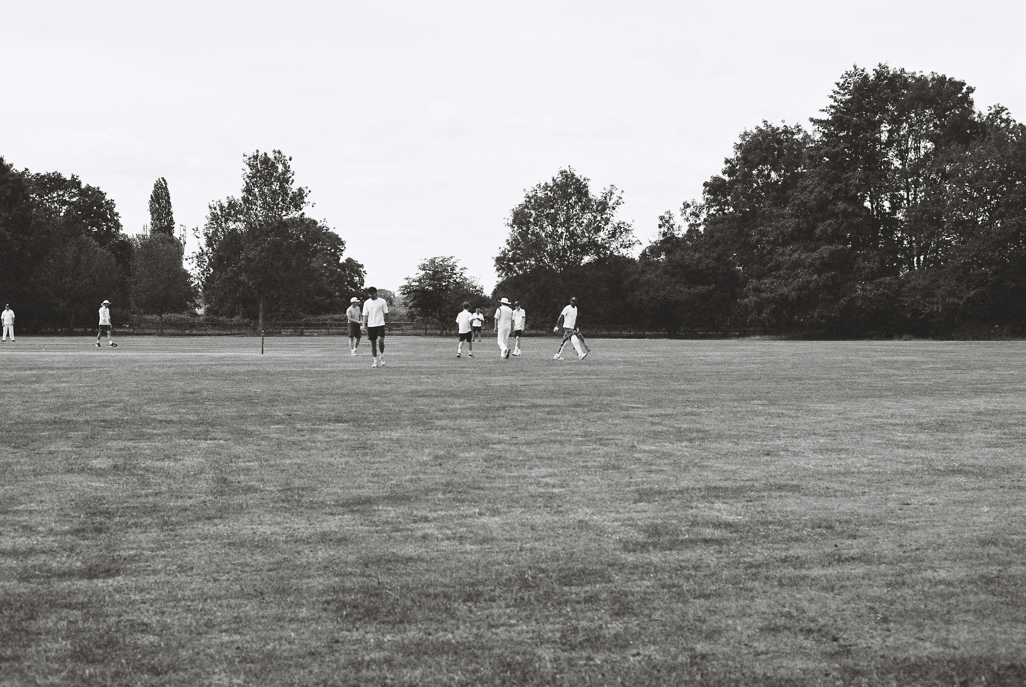 Black and white people playing on a grassy field