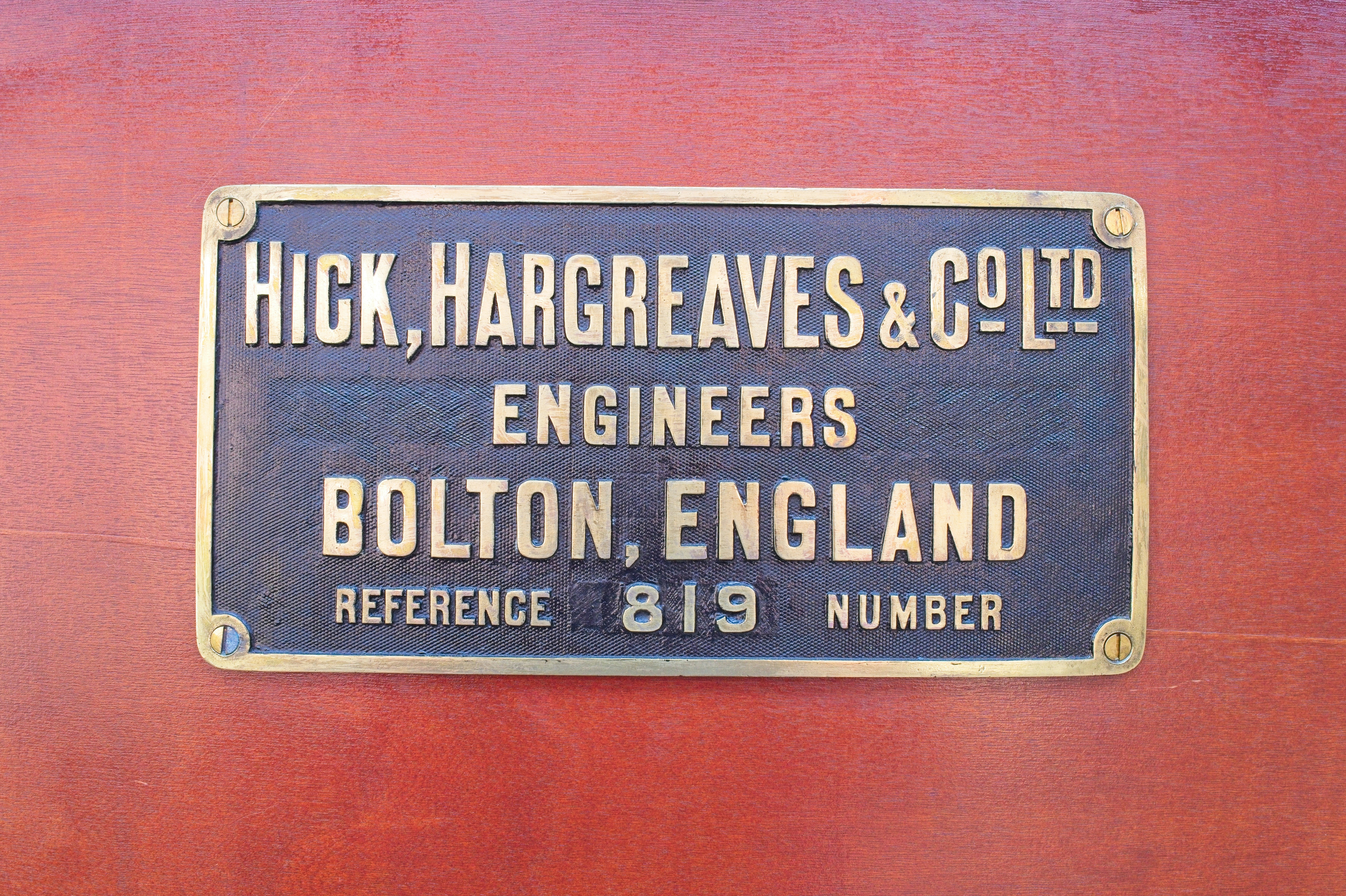 Brass plaque for hick, hargreaves & co ltd, bolton, england.