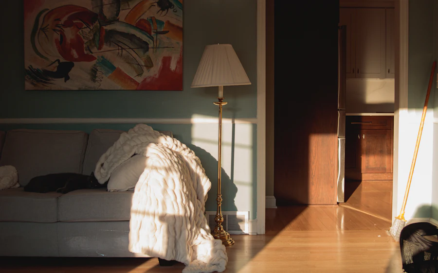 Golden afternoon sun across a living room floor and a sofa