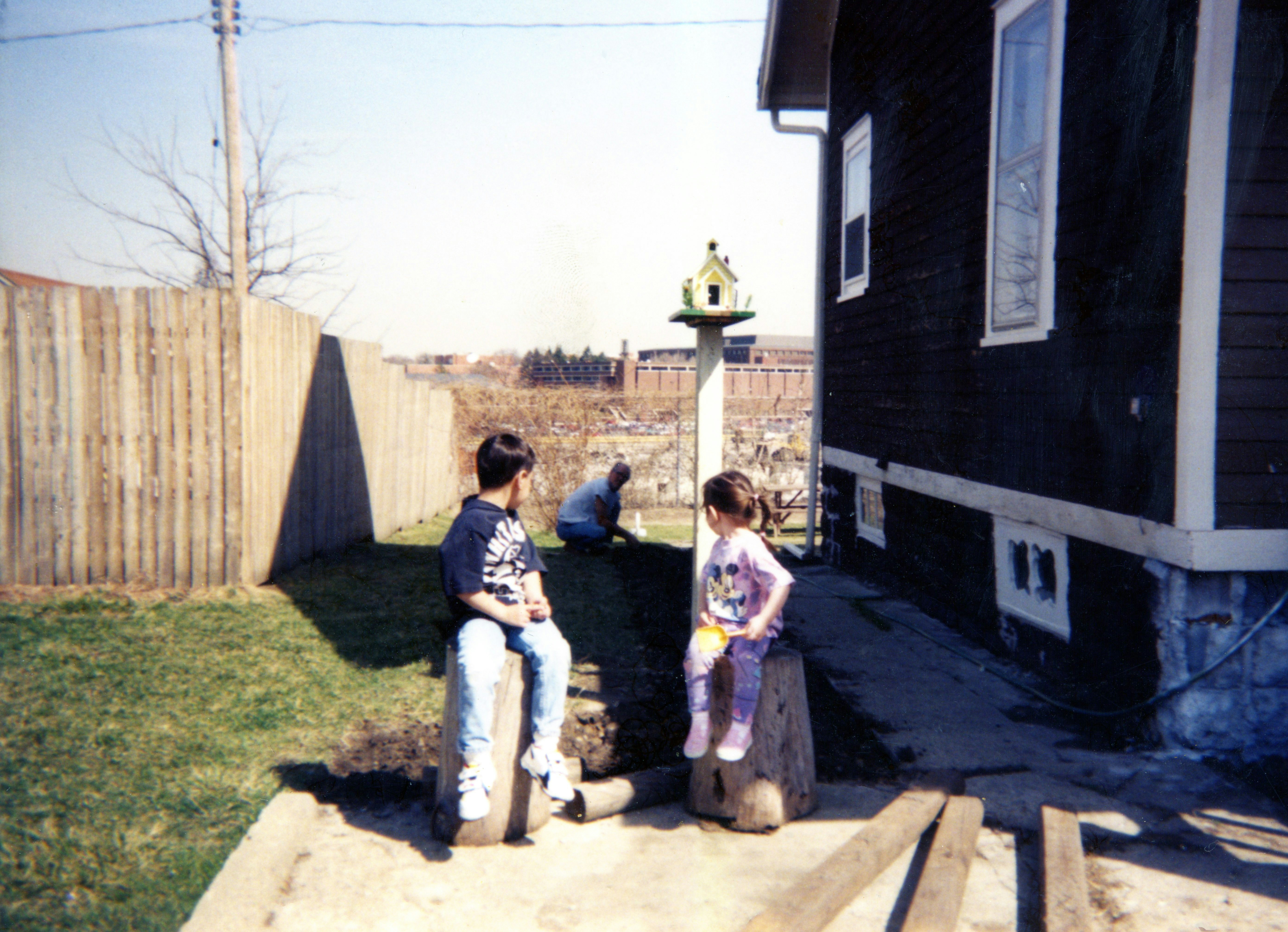 Two children sit on tree stumps in a sunny backyard.