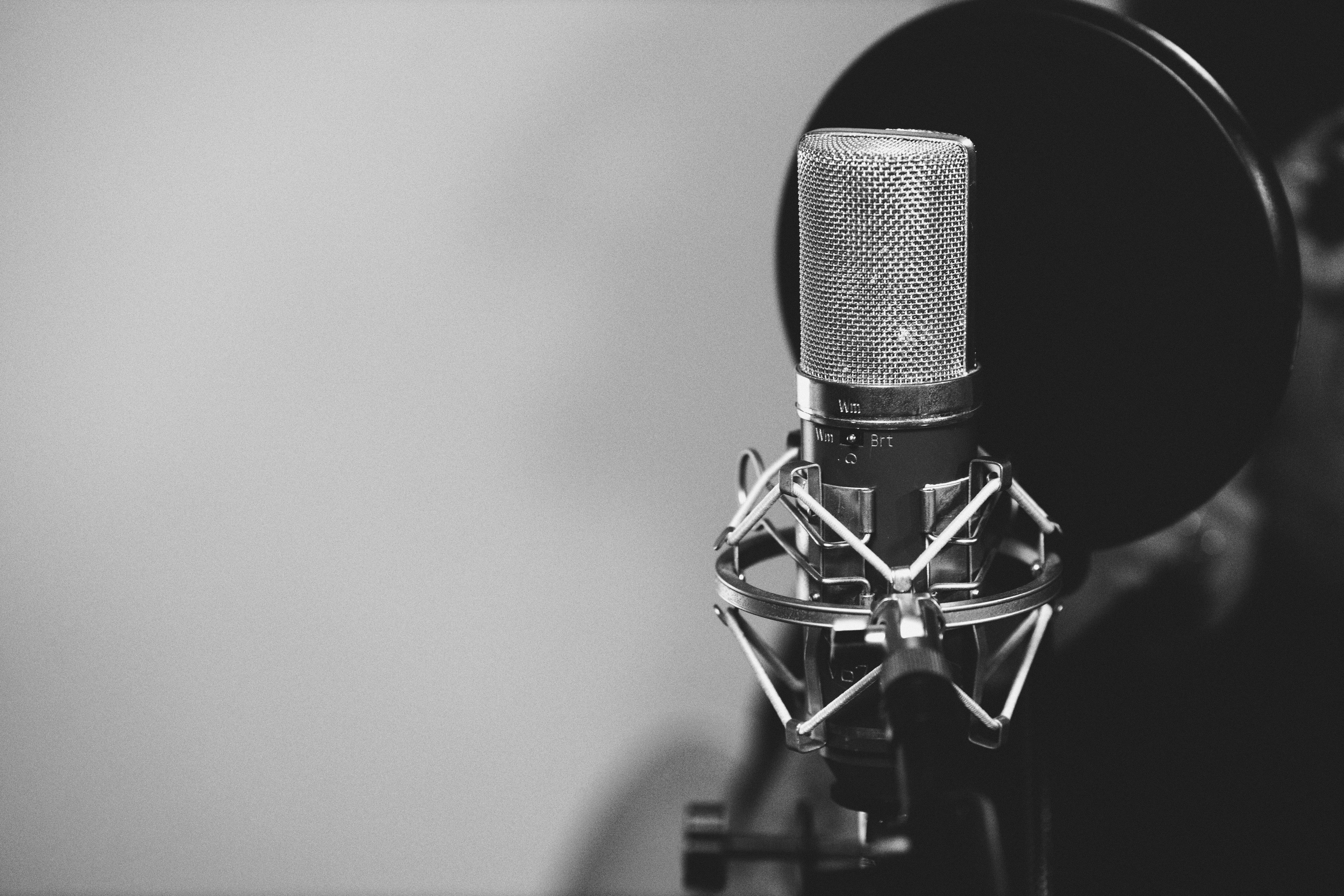 Pop filter posicionado em frente a um microfone condensador