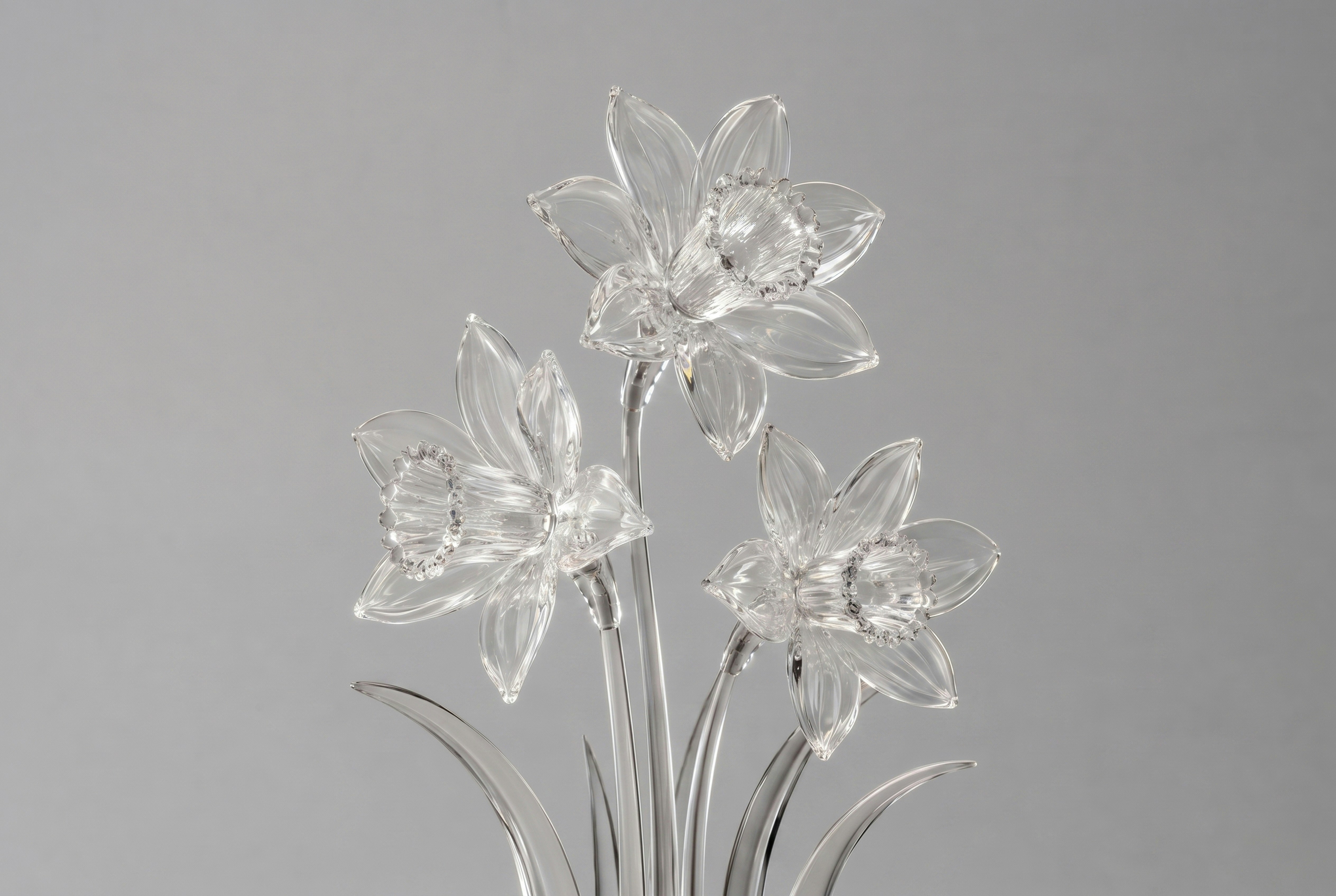 Three clear glass daffodils against a plain background.
