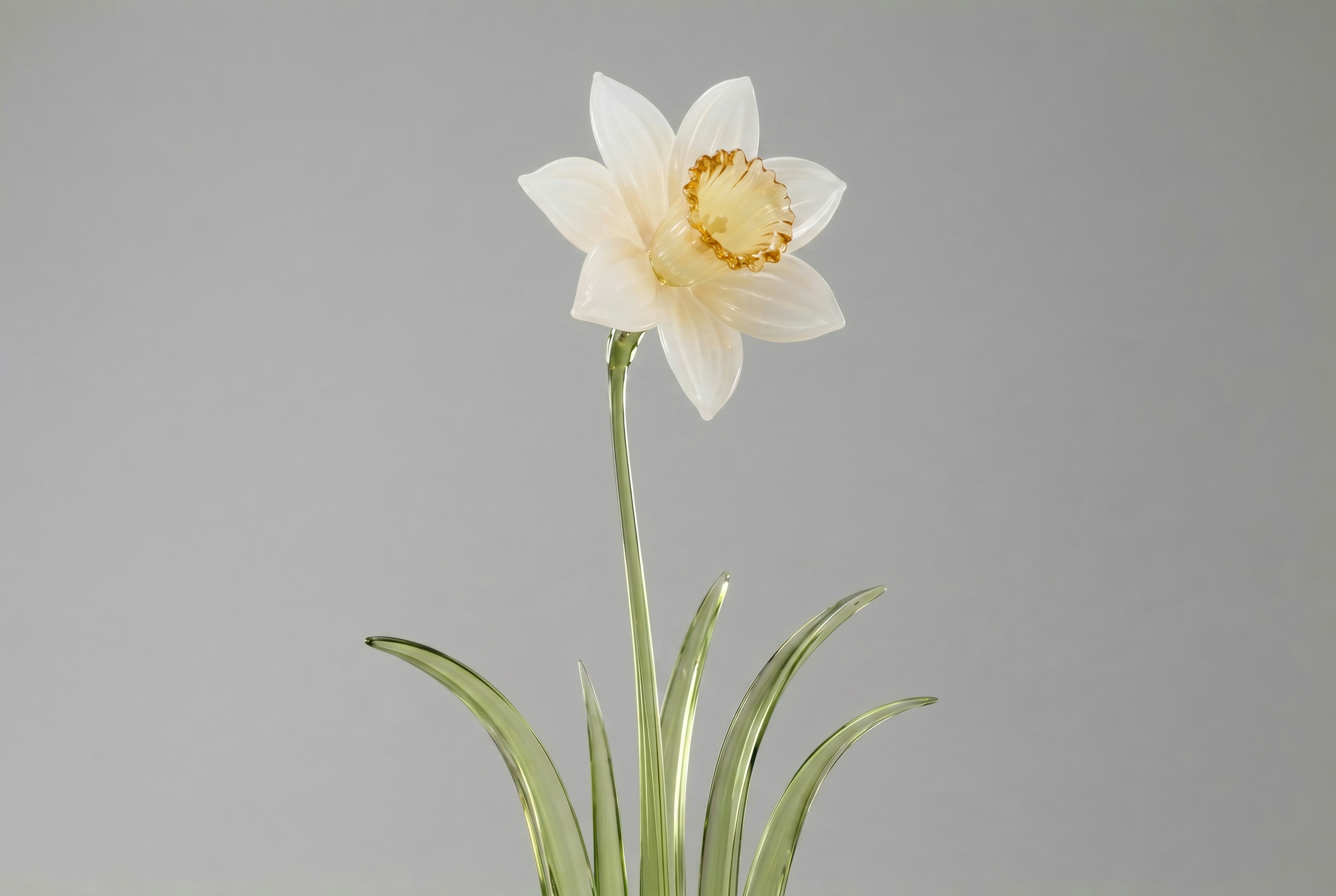 White daffodil flower with green leaves.