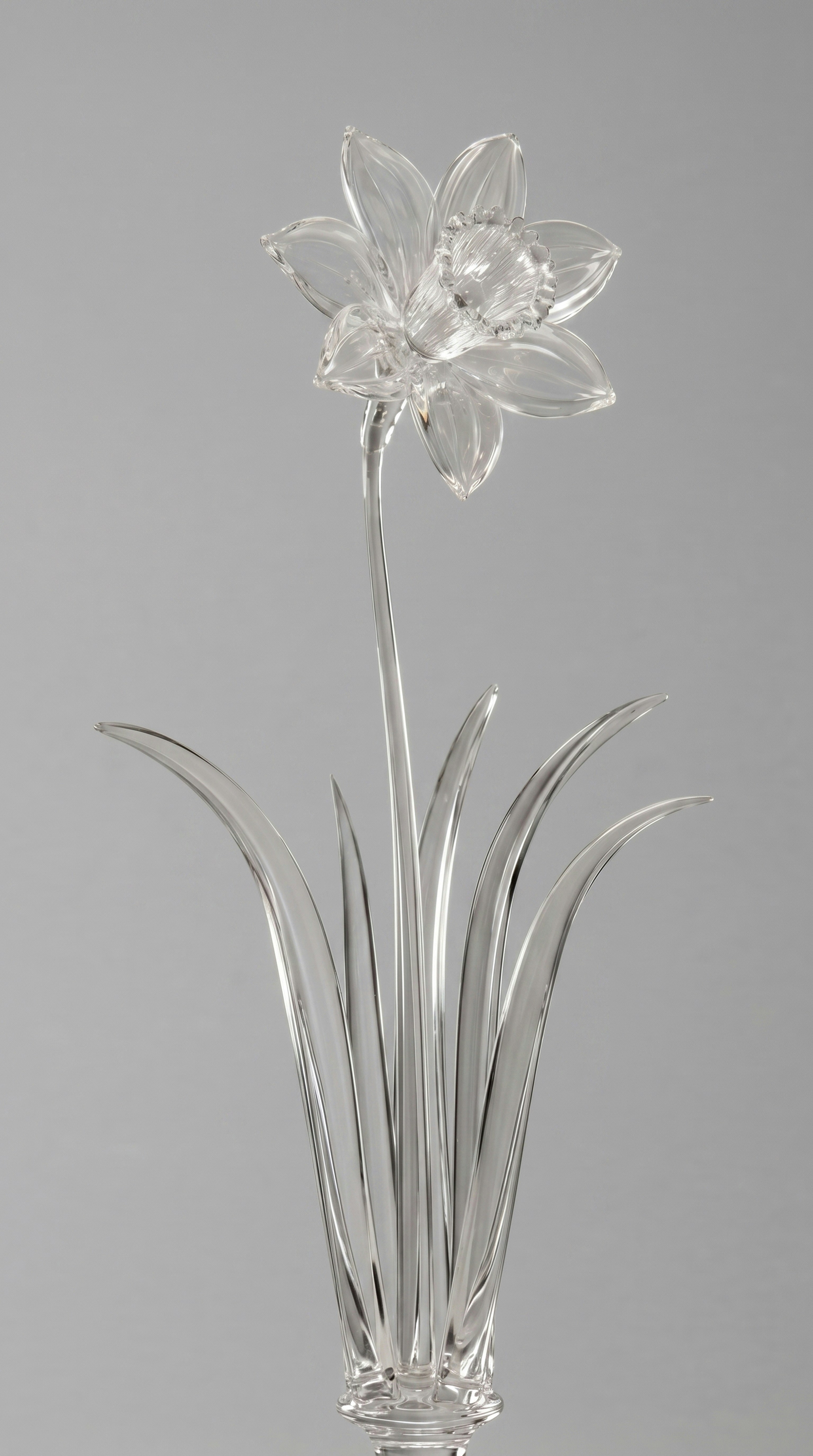A clear glass daffodil sculpture with delicate petals and leaves.