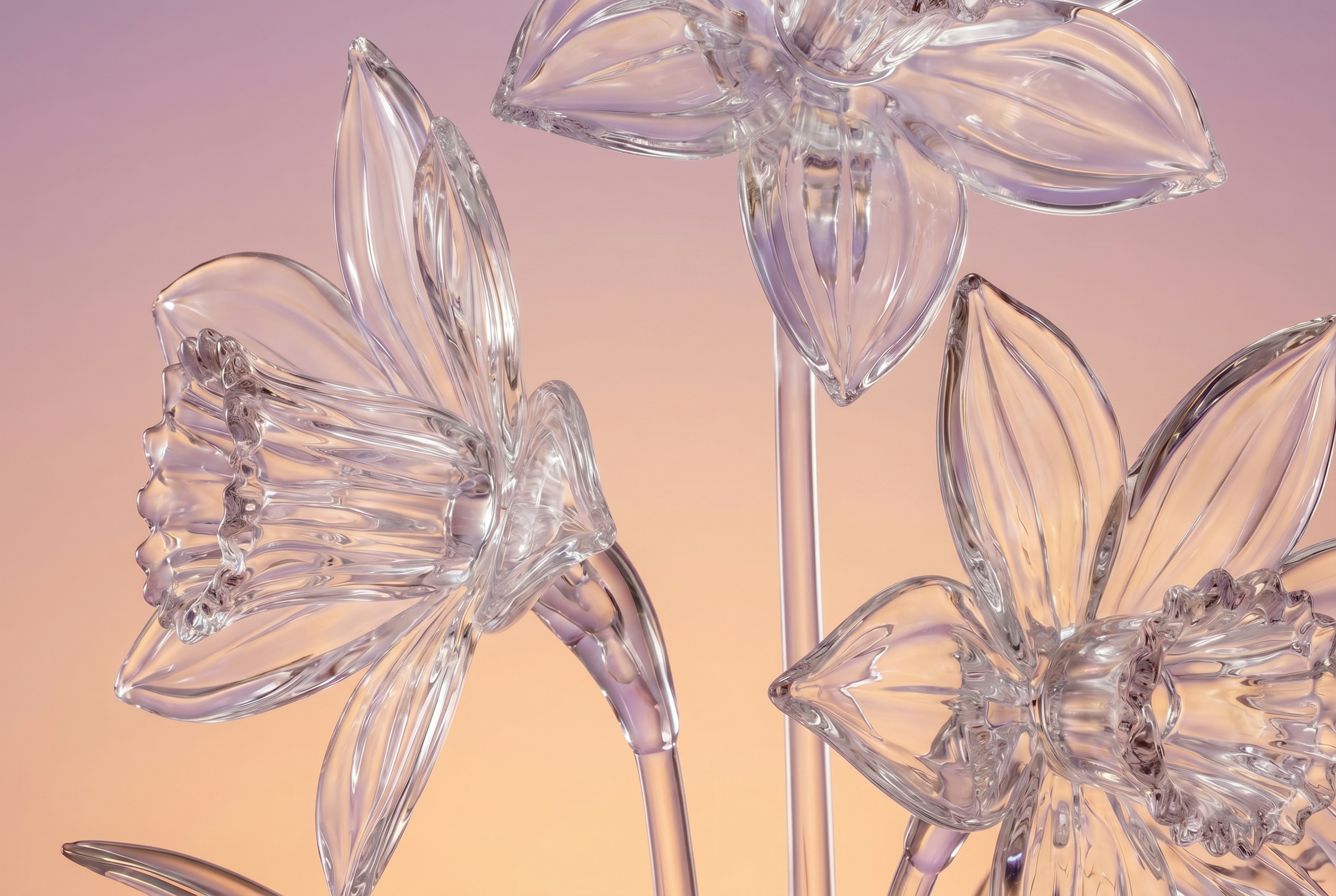 Three clear glass daffodil flowers on a soft gradient background.
