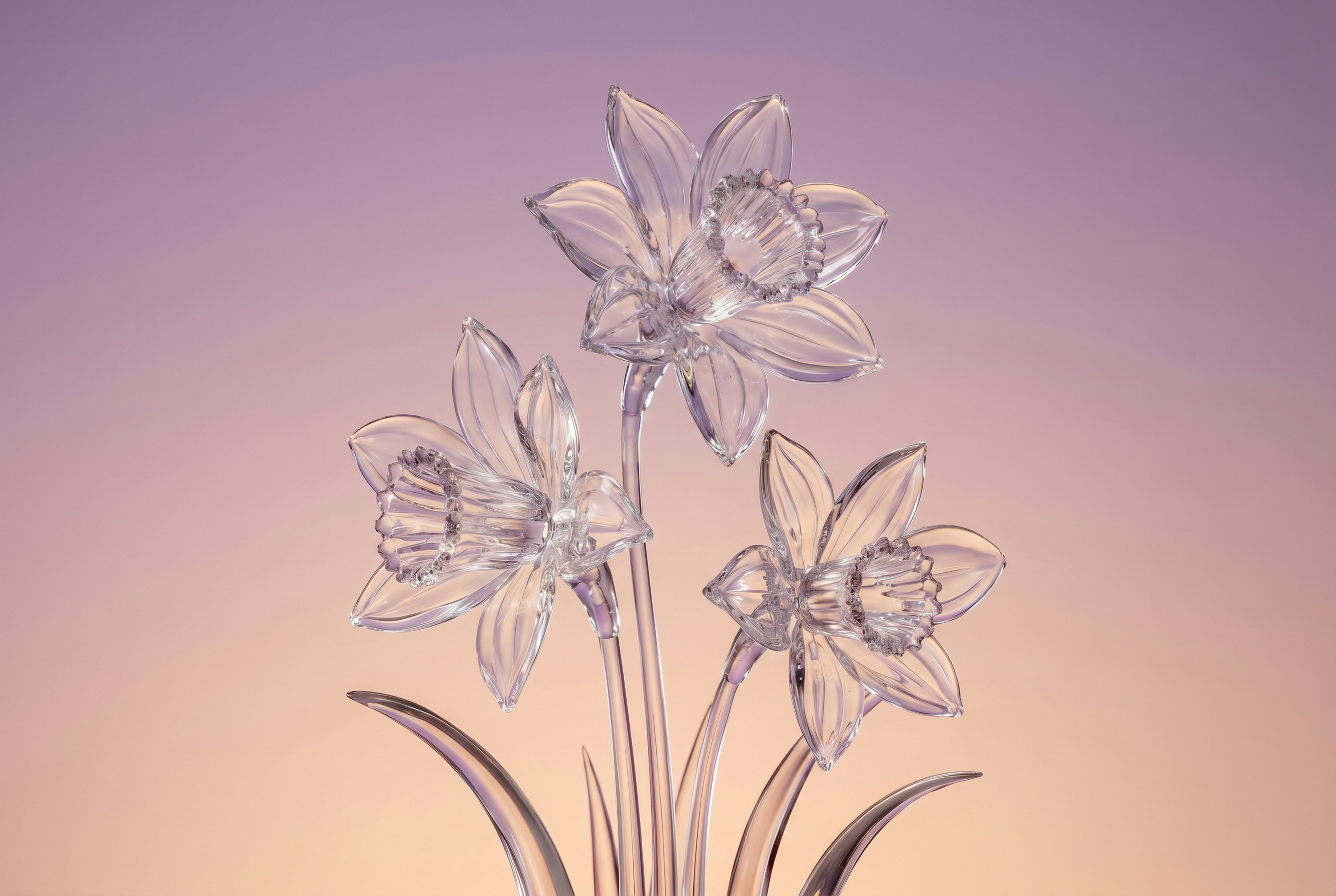 Three clear glass daffodils against a purple and orange gradient.