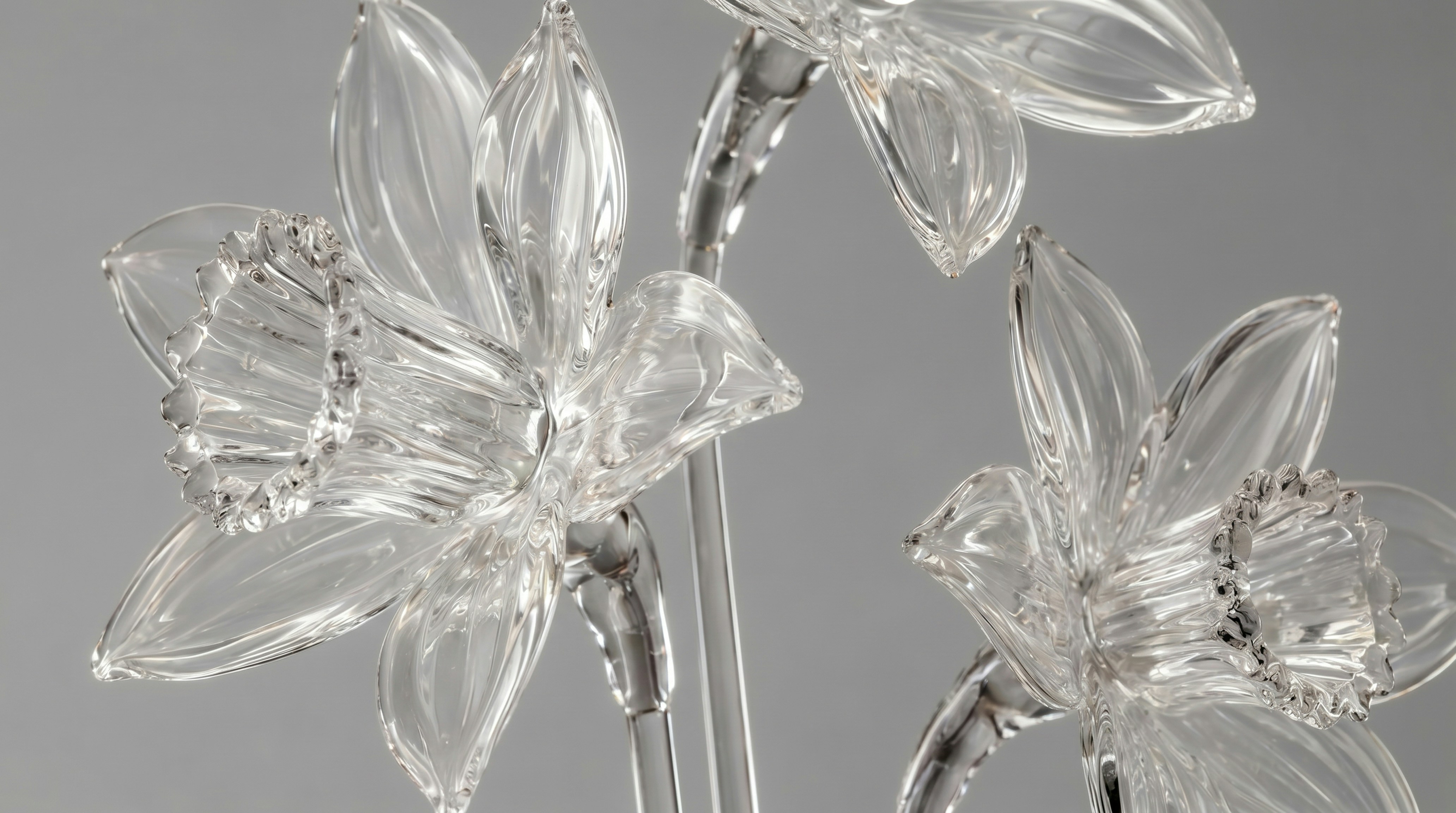 Three clear glass daffodil flowers on a grey background
