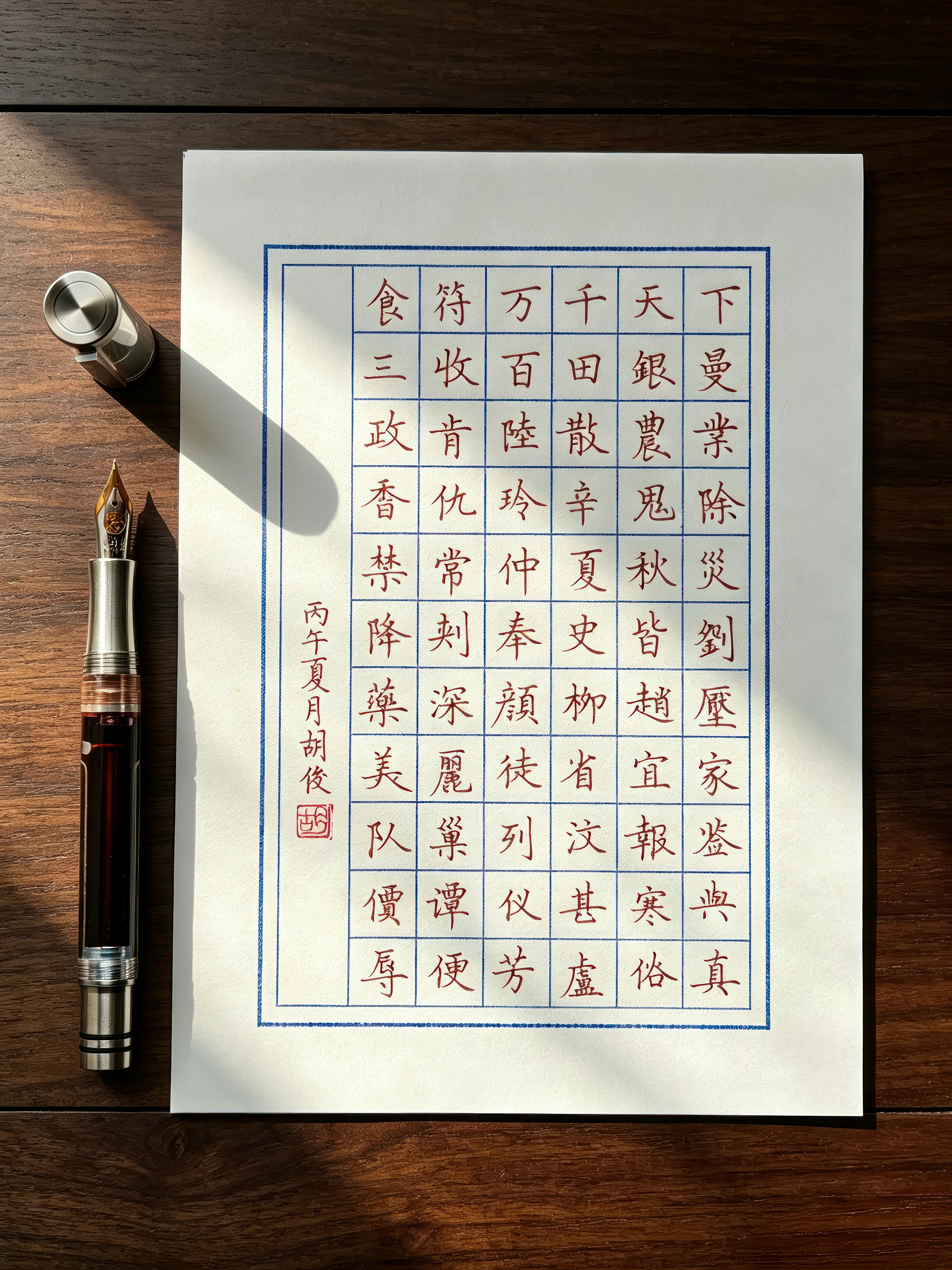 Uma caneta-tinteiro ao lado de um papel com caligrafia chinesa.