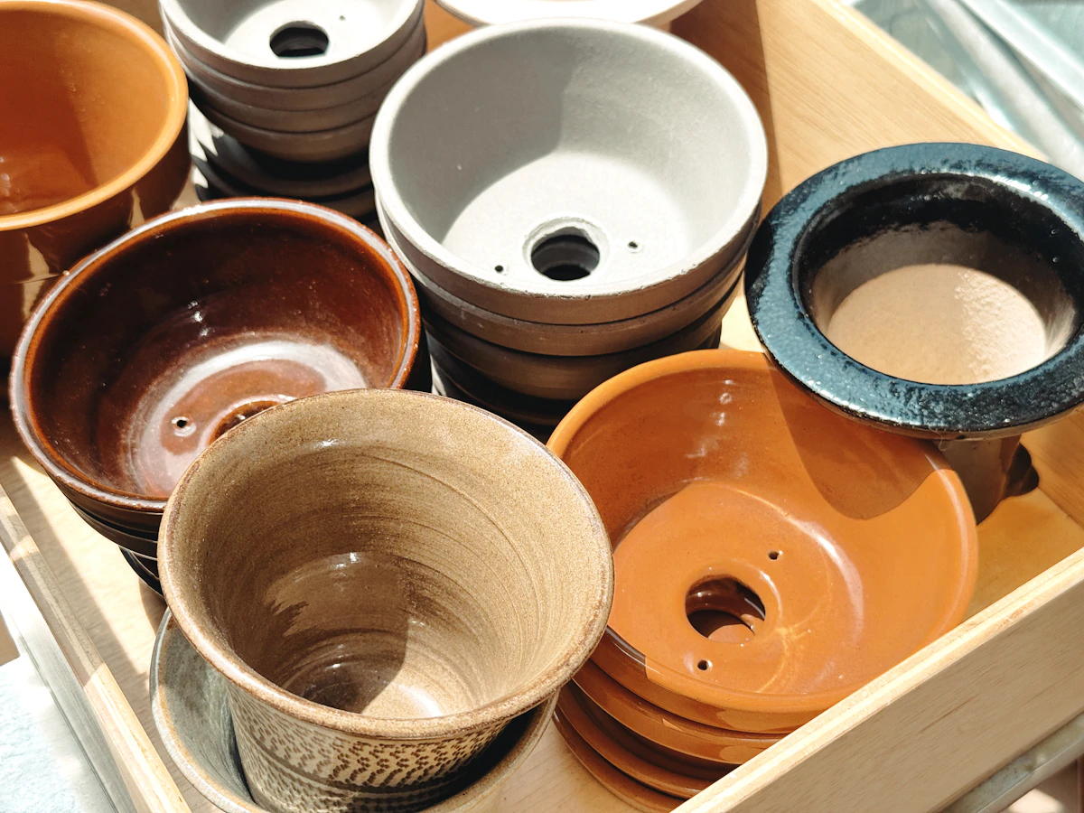 An assortment of empty ceramic and decorative plant containers