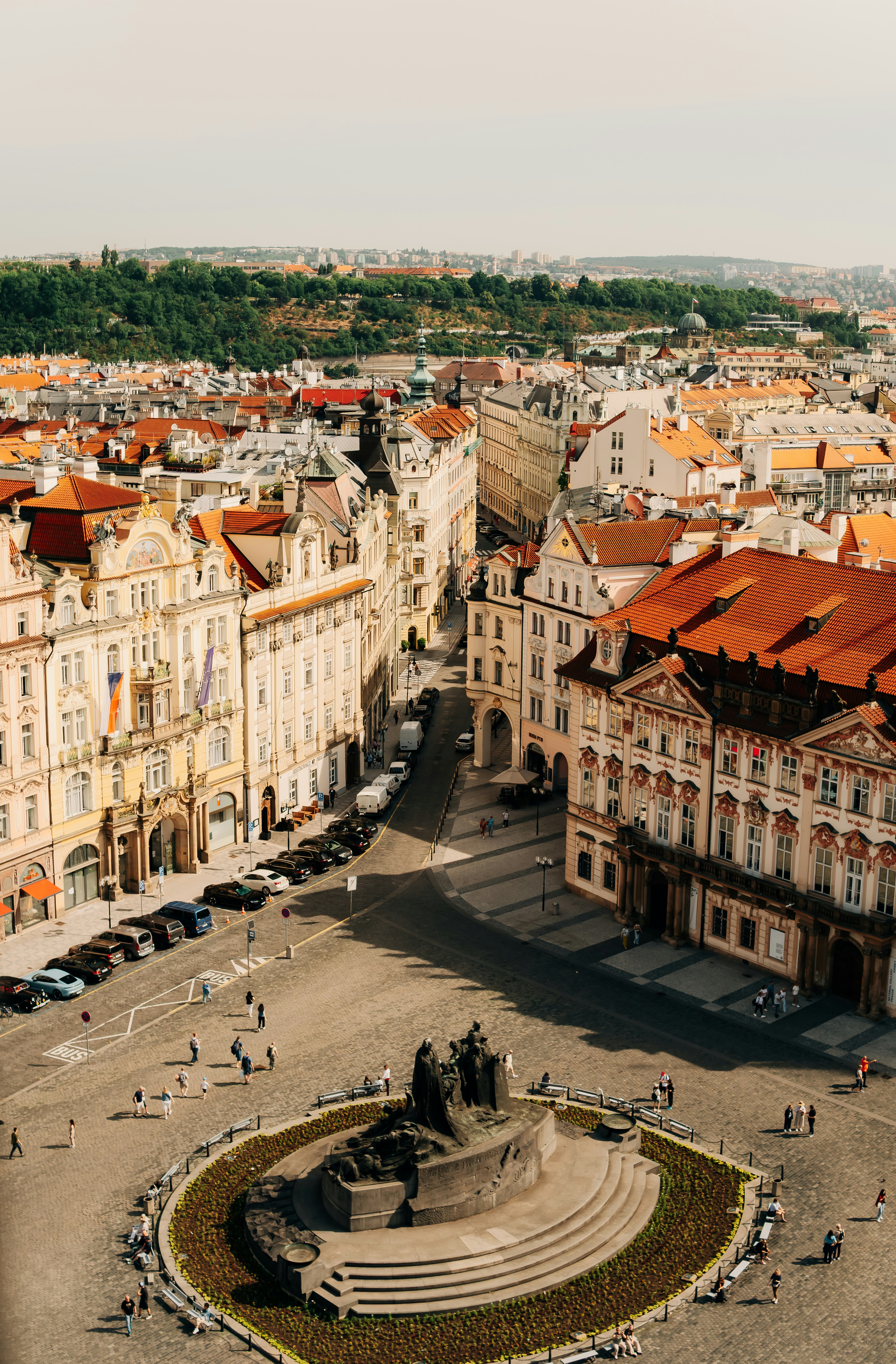 Aerial view of a bustling historic city square.