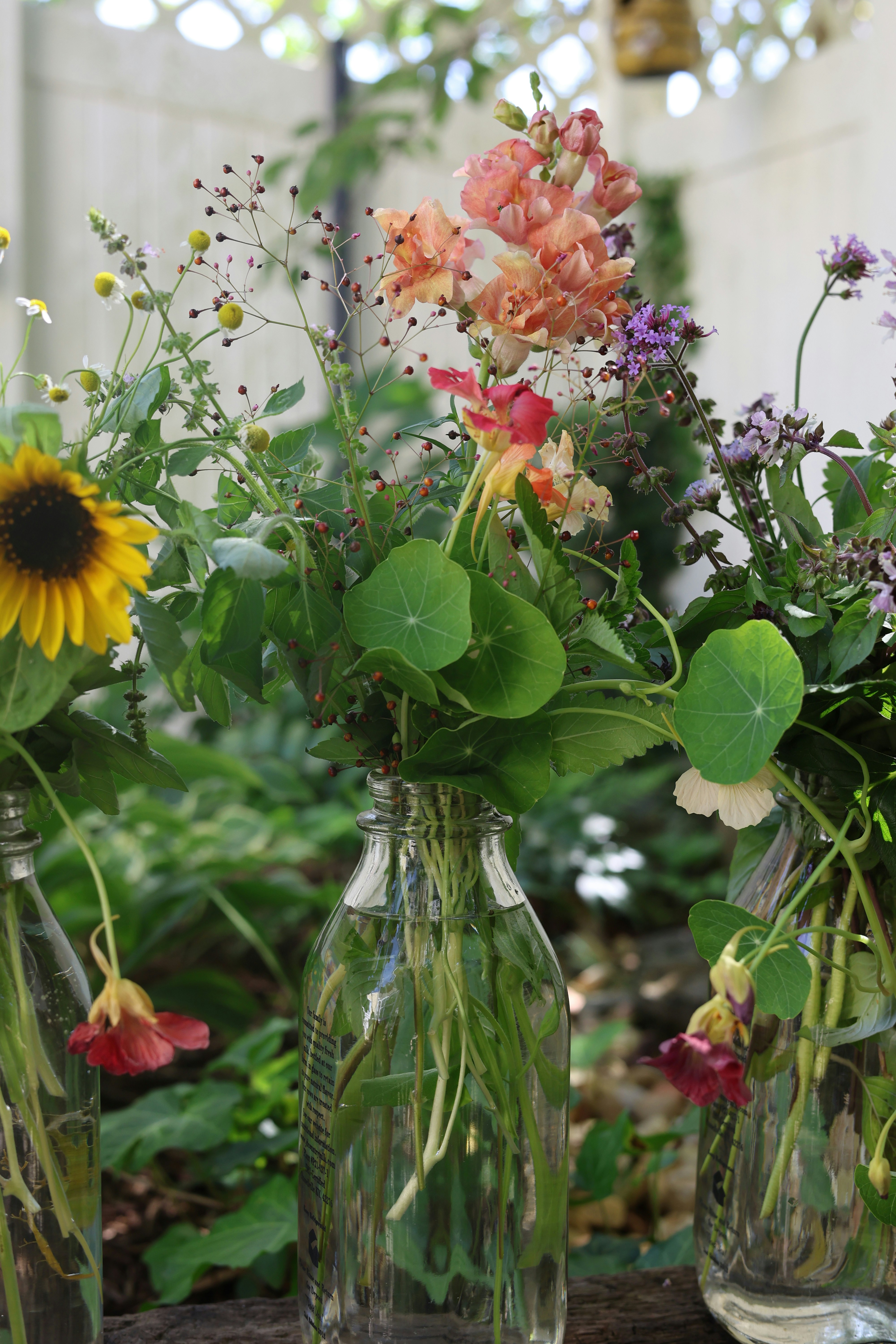 Three glass bottles hold colorful garden flowers and green leaves