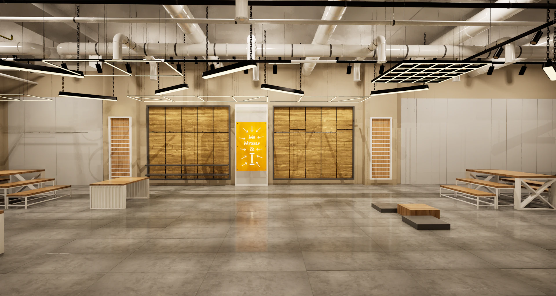 Commercial office space interior fit-out with exposed ceiling design