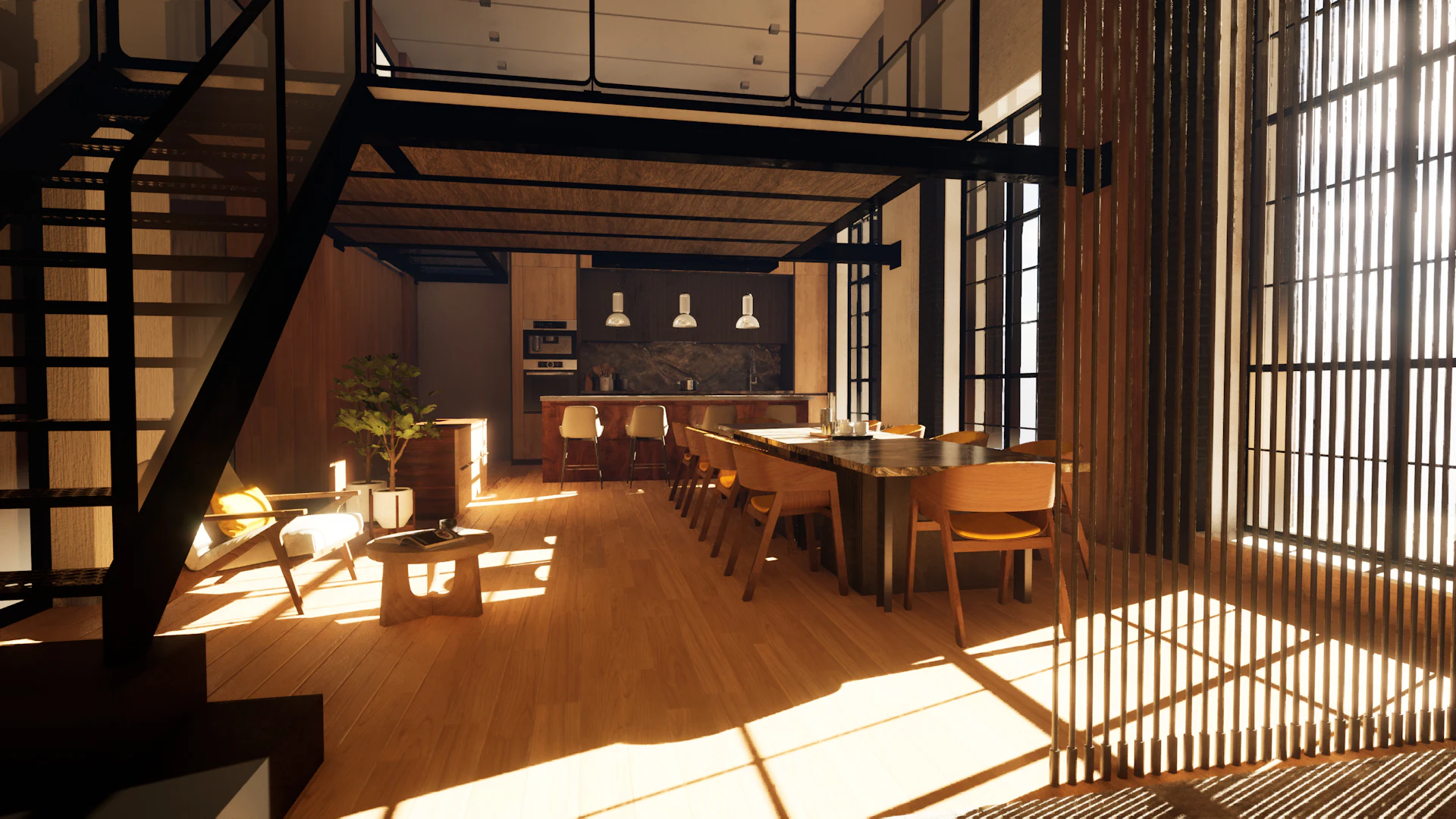 Industrial loft with an open dining area and kitchen