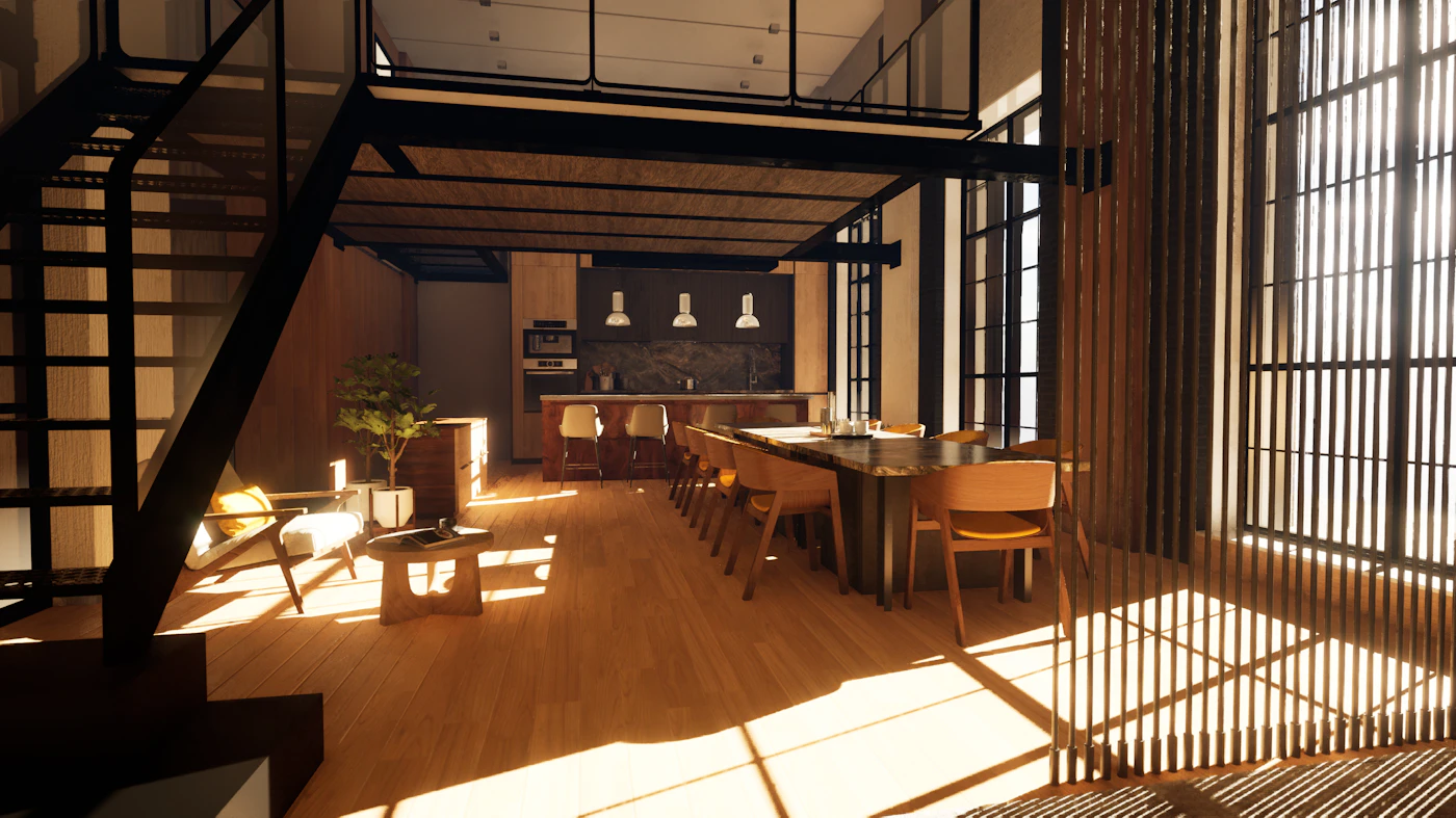 Open-plan apartment interior with mezzanine level and warm wood finishes