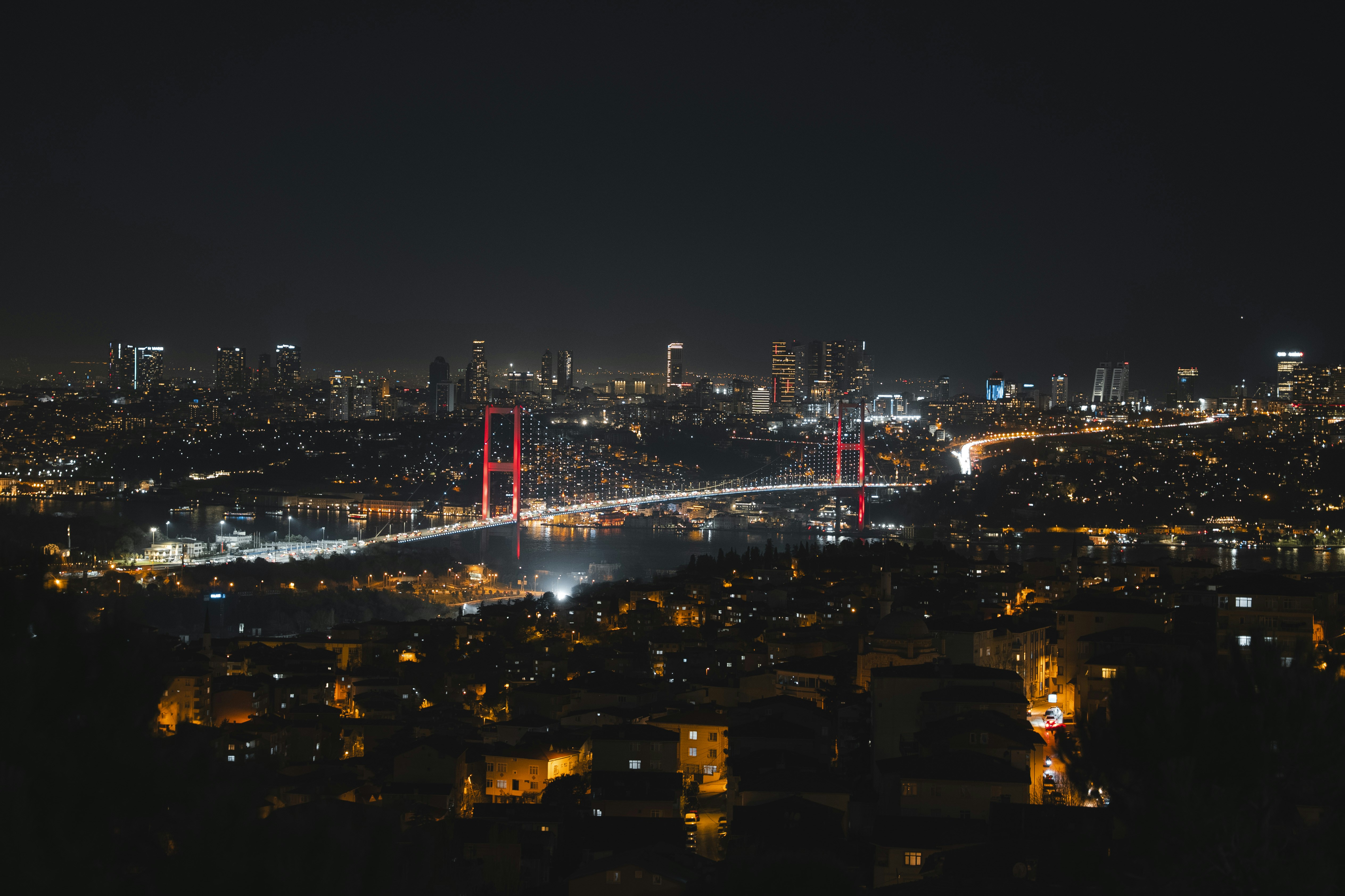 Istanbul city skyline with illuminated bridge at night