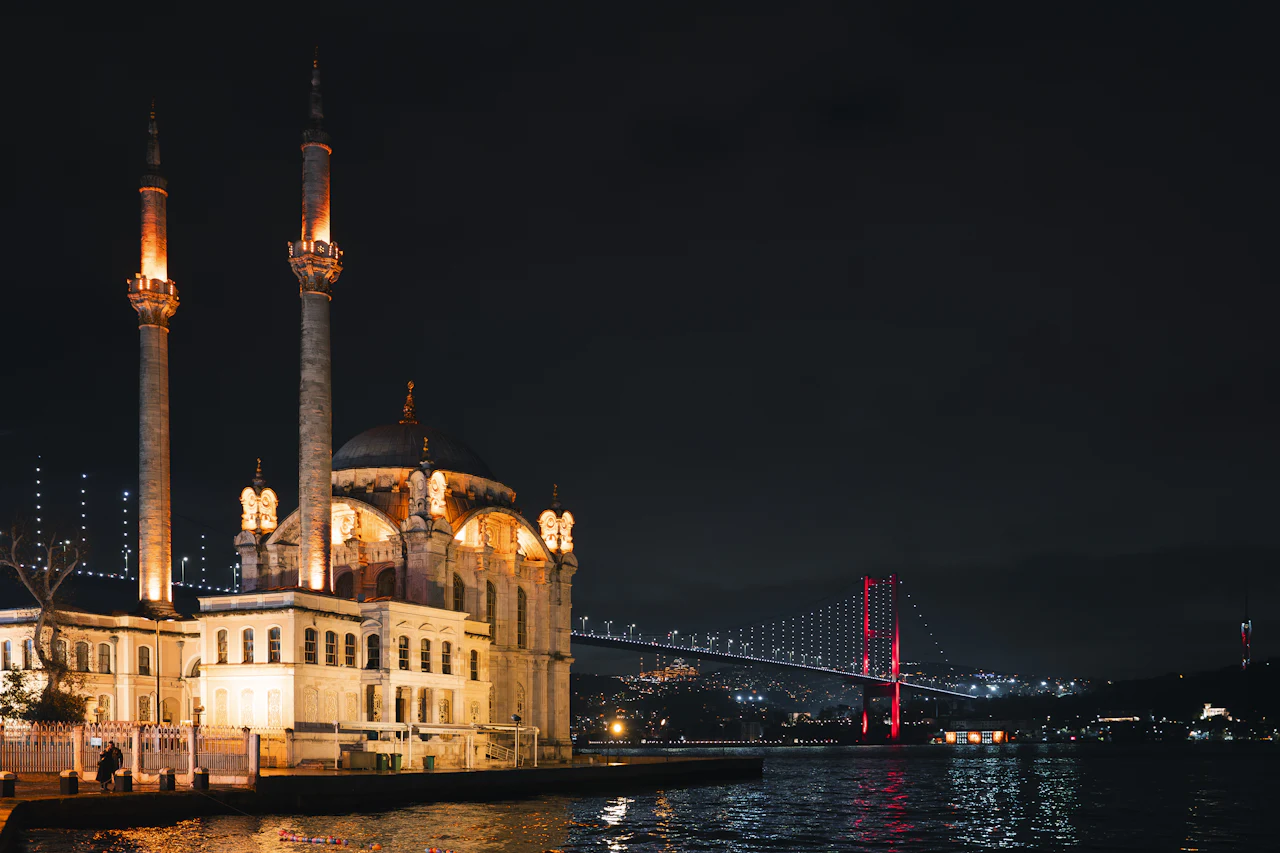 Ortaköy Mosque and the Bosphorus Bridge illuminated at night
