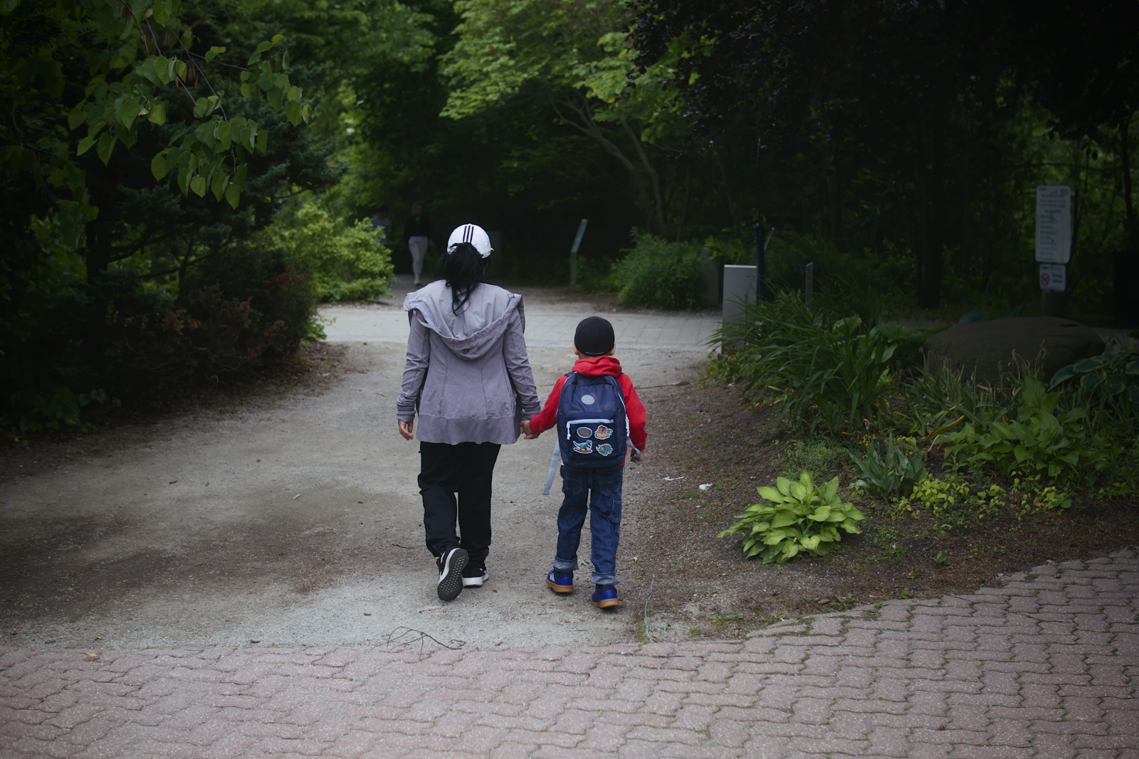 A woman and a child walking hand in hand along a park path