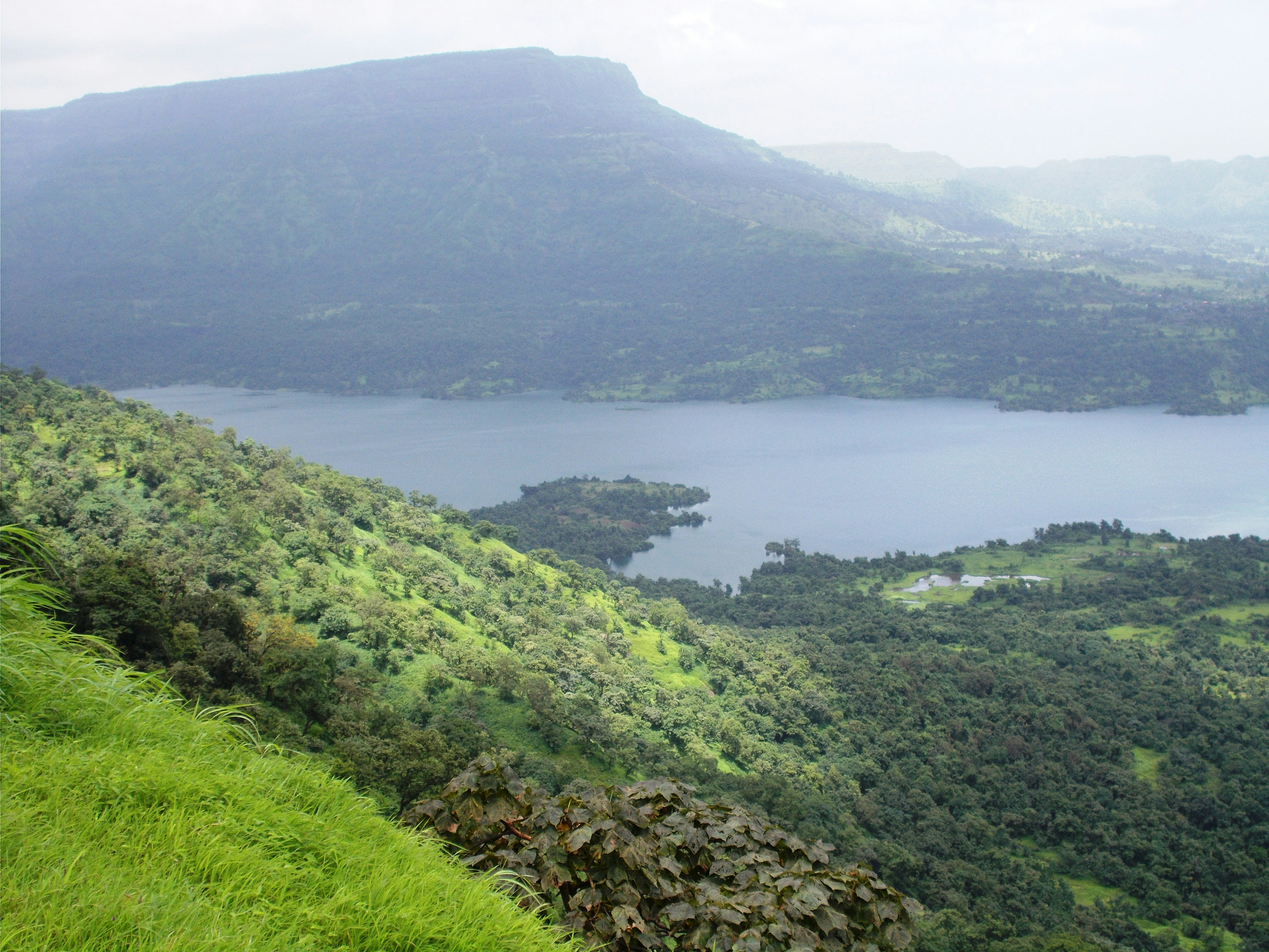 Lush green hills overlook a serene lake and distant mountains.