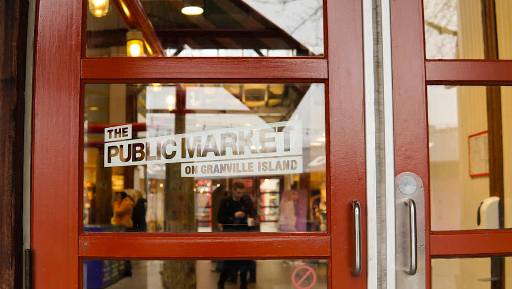 Red entrance to Granville Island Public Market in Vancouver