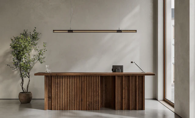 Timber Slat Reception Desk — commercial reception interior design
