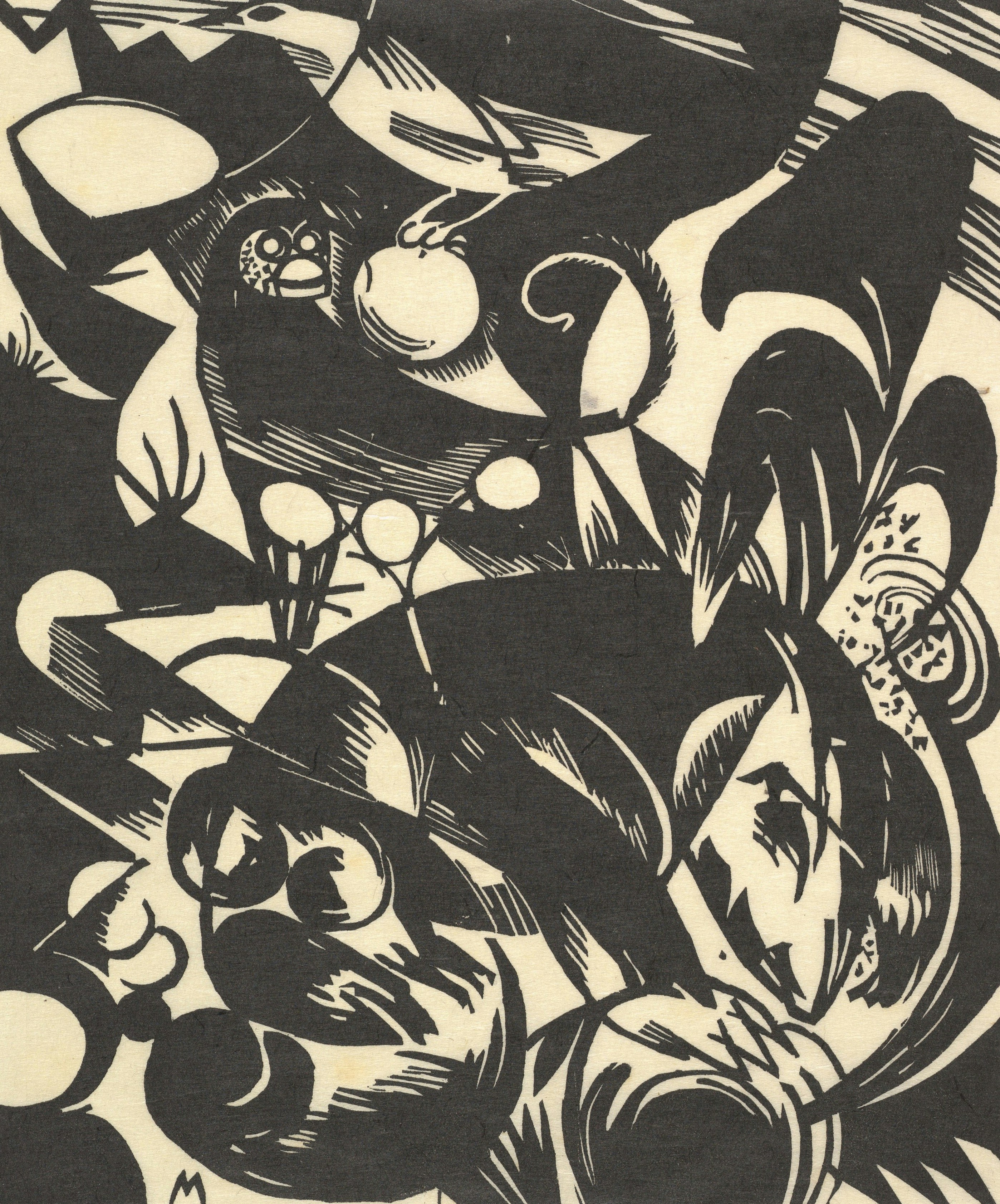 Dynamic black and white abstract woodcut with angular shapes