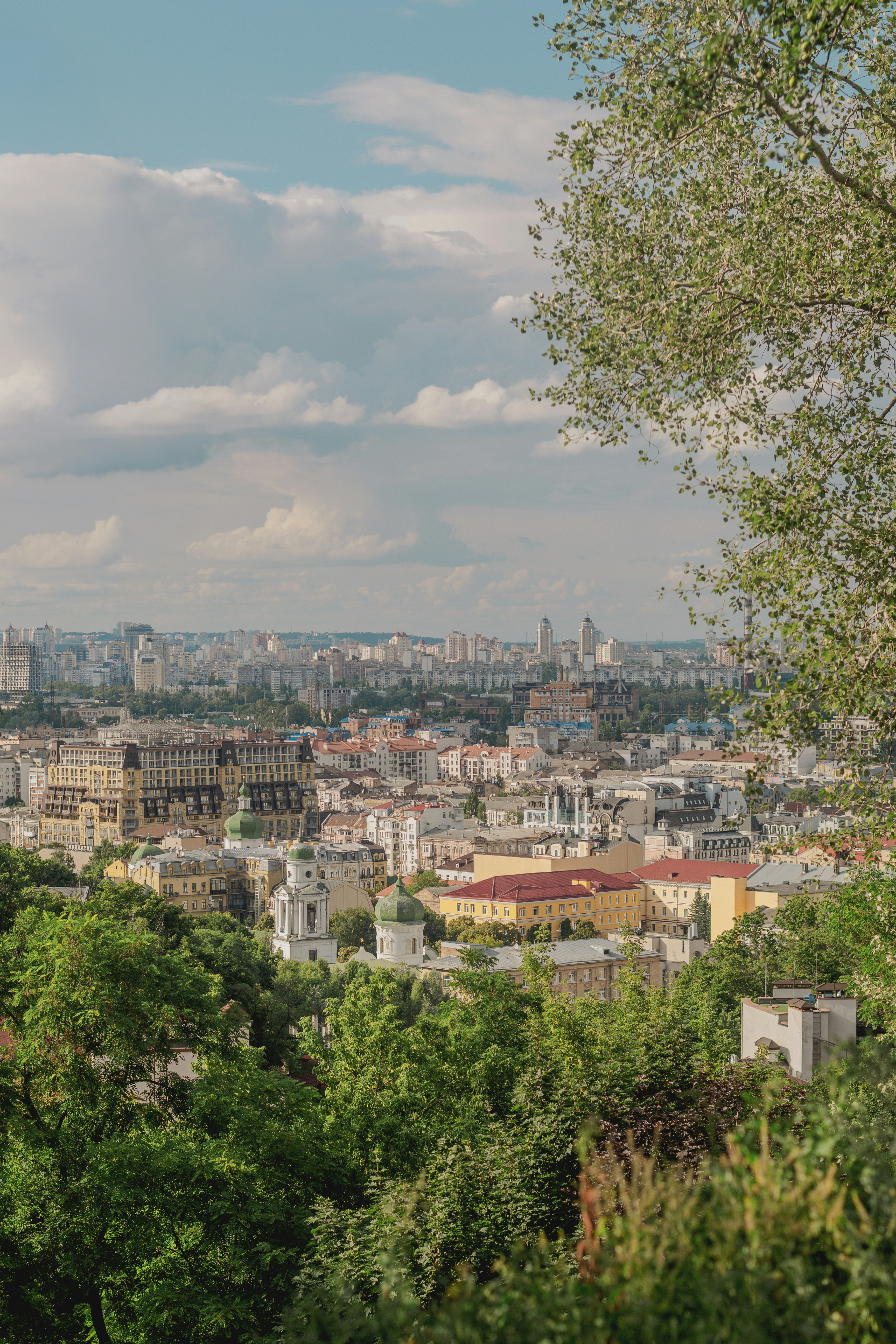La ligne d’horizon de la ville avec des arbres verts sous un ciel nuageux.