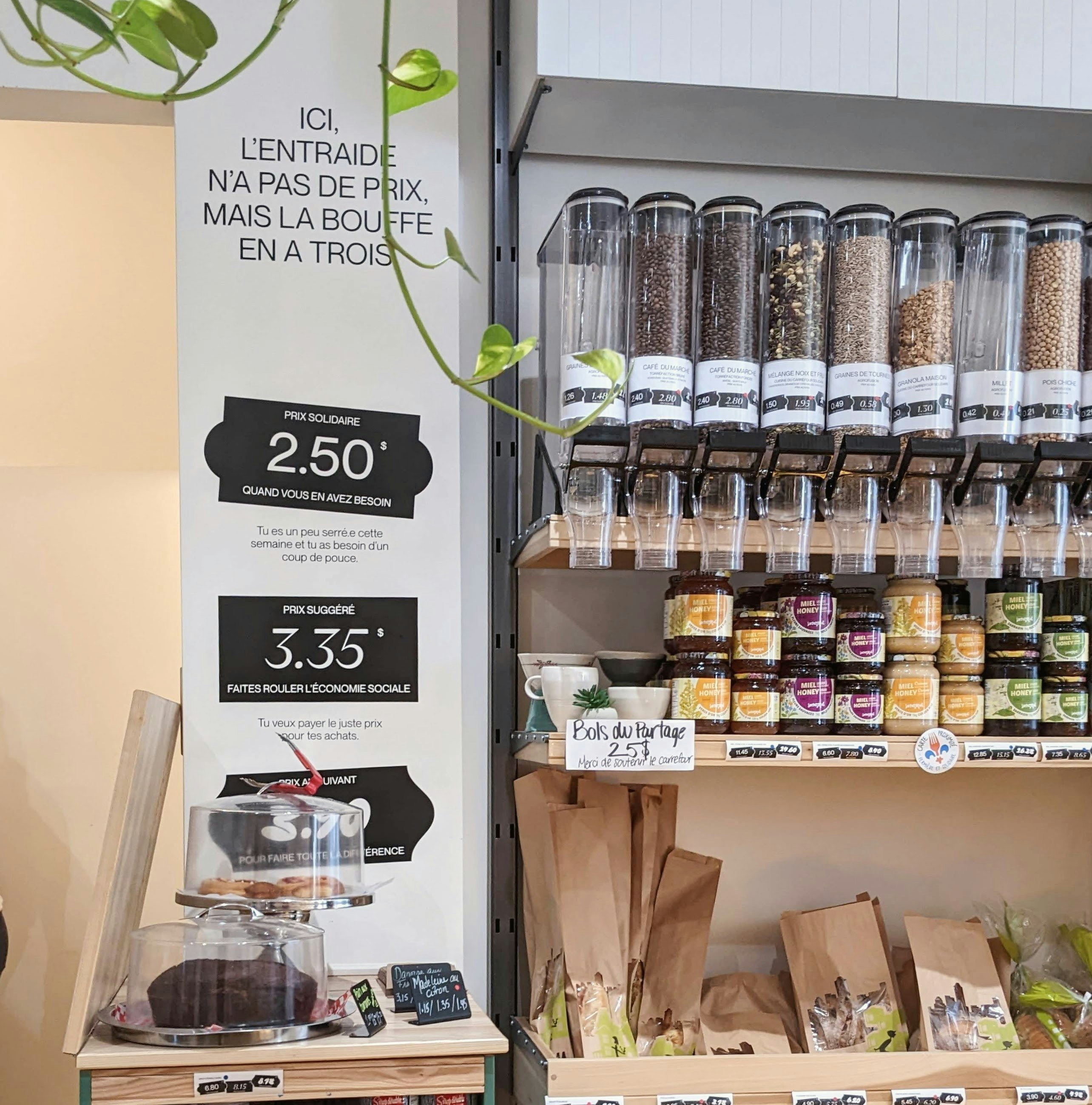 Bulk food store interior with dispensers, jars, and price tags