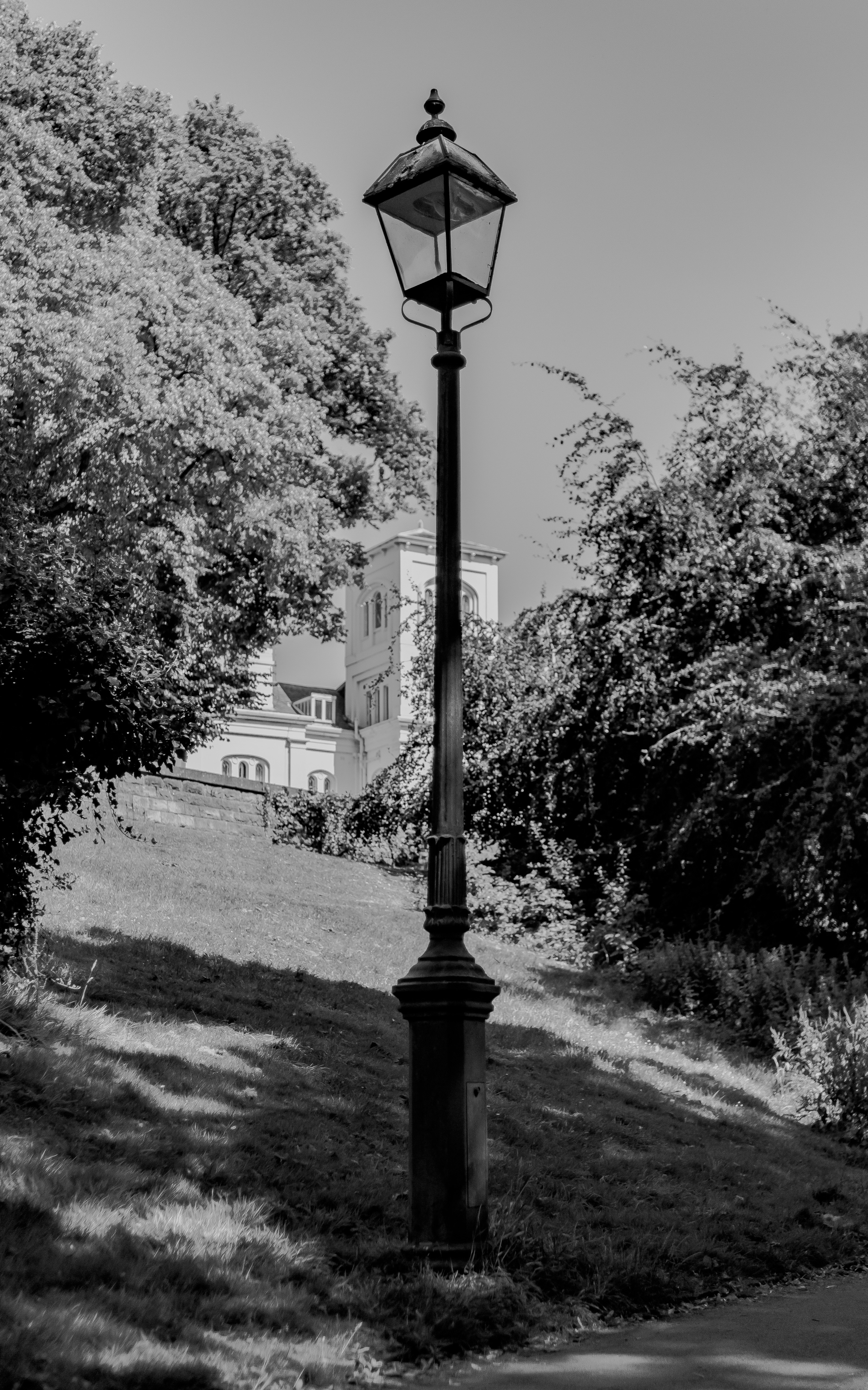 Vintage lamppost on a hill with trees and a building.