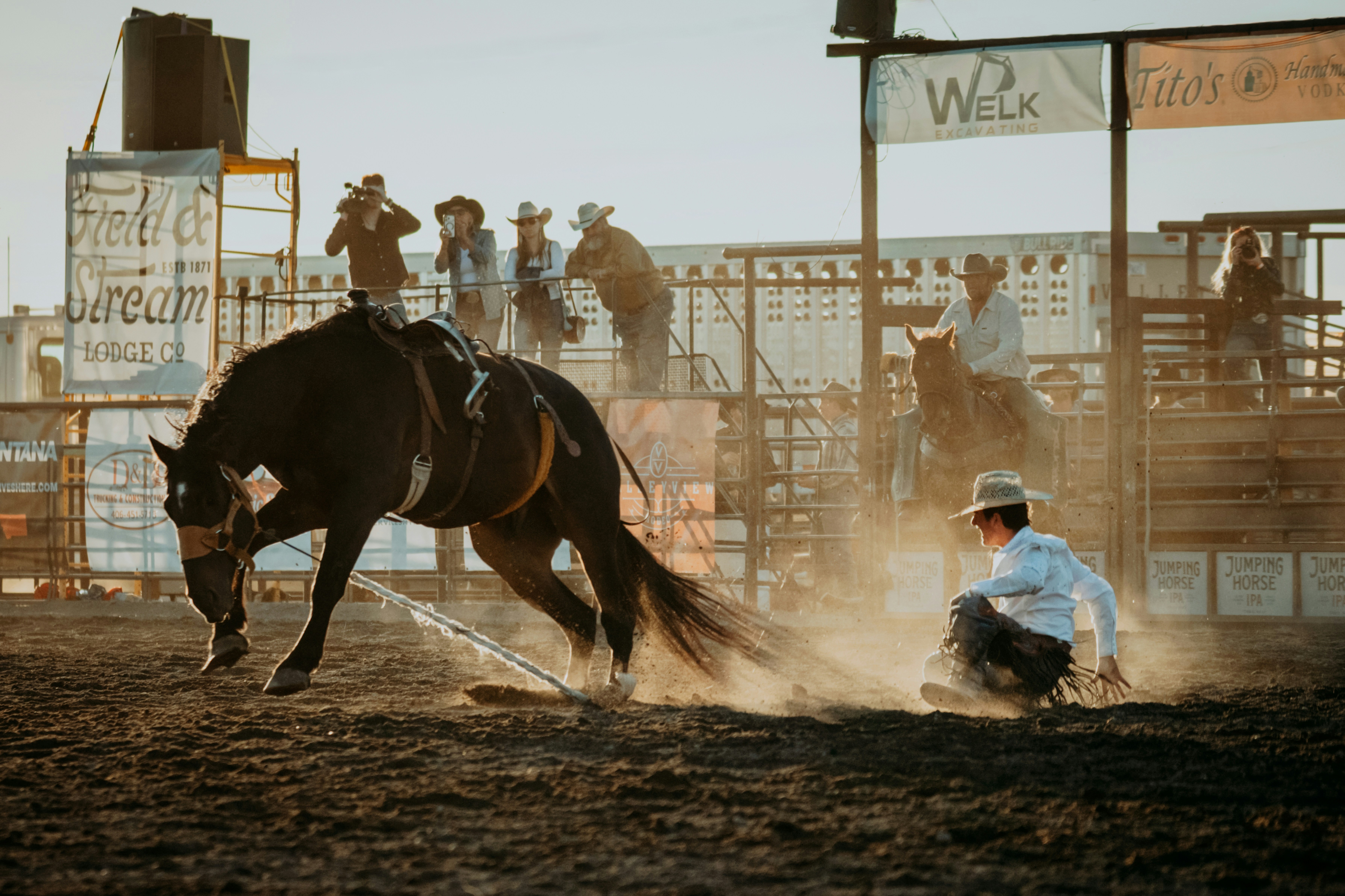 Rodeo cowboy falls from bucking horse, dust flying