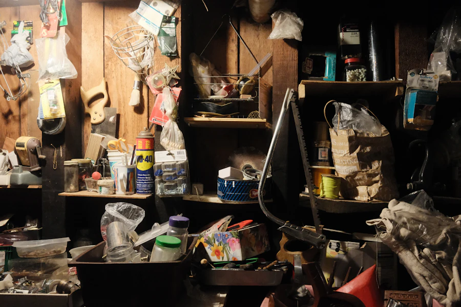 A messy storage room crowded with furniture, bags and stacked household items