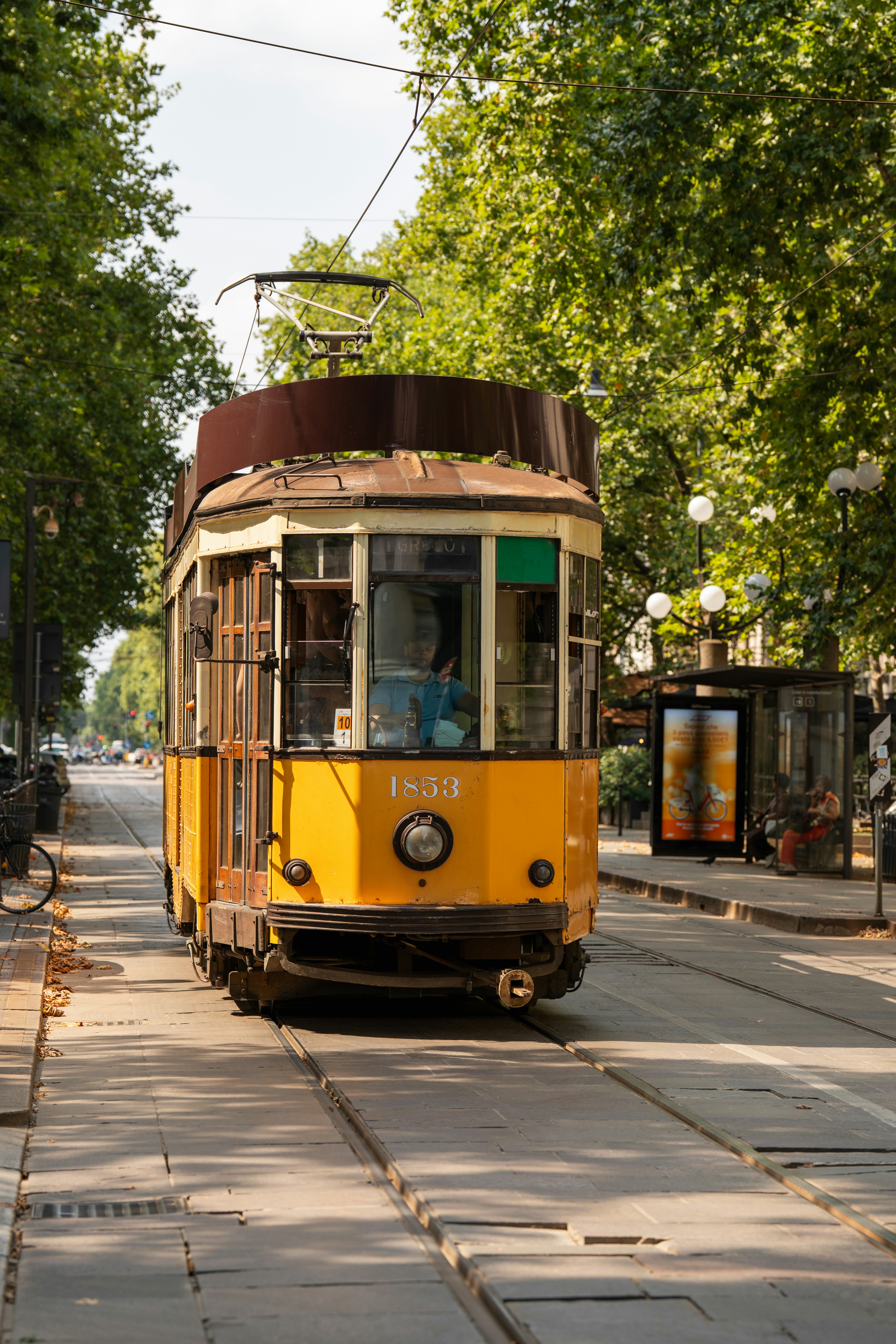 Un clásico tranvía amarillo en una calle soleada y arbolada de la ciudad.