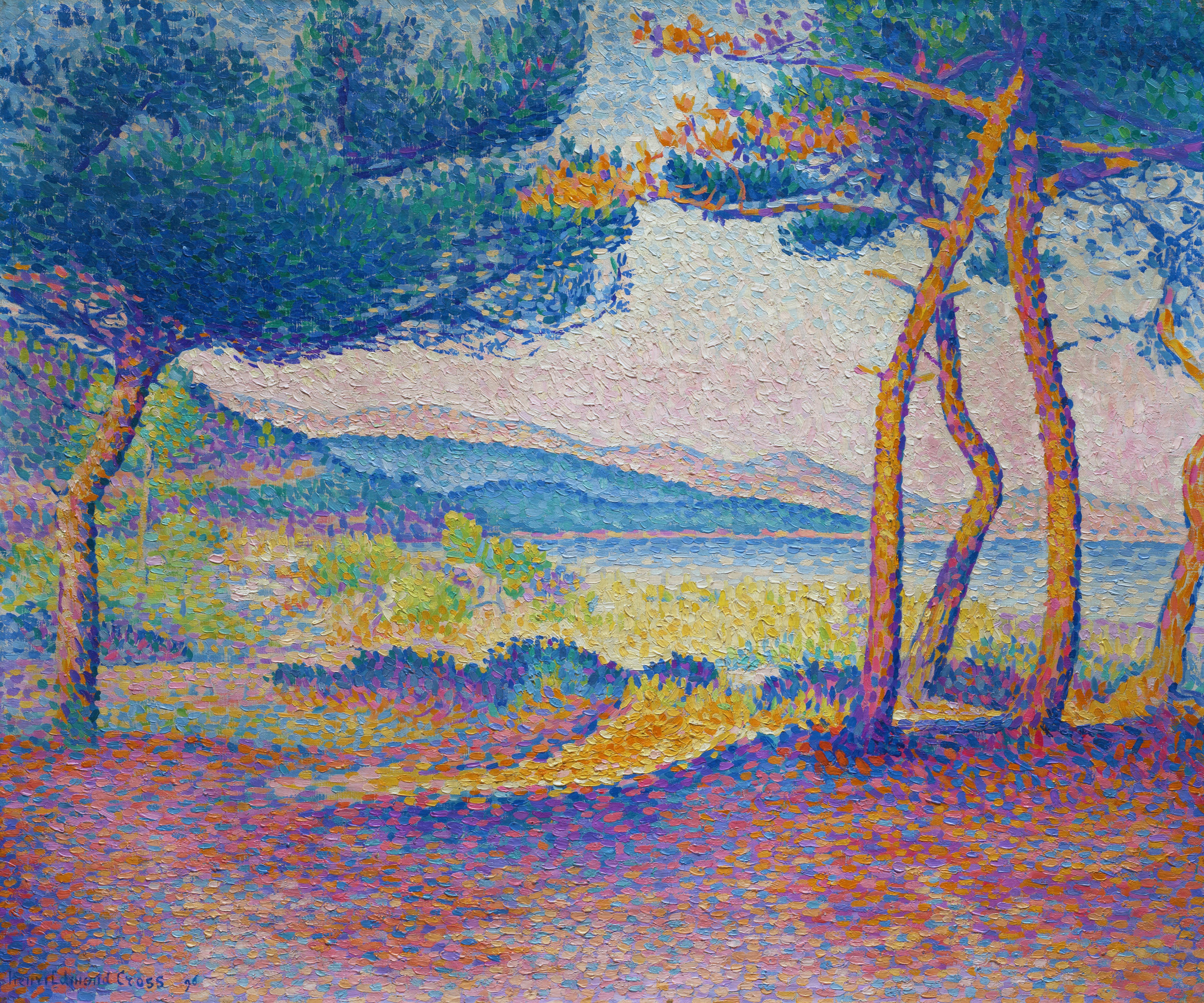 Pointillist painting of trees overlooking a bay with distant mountains.