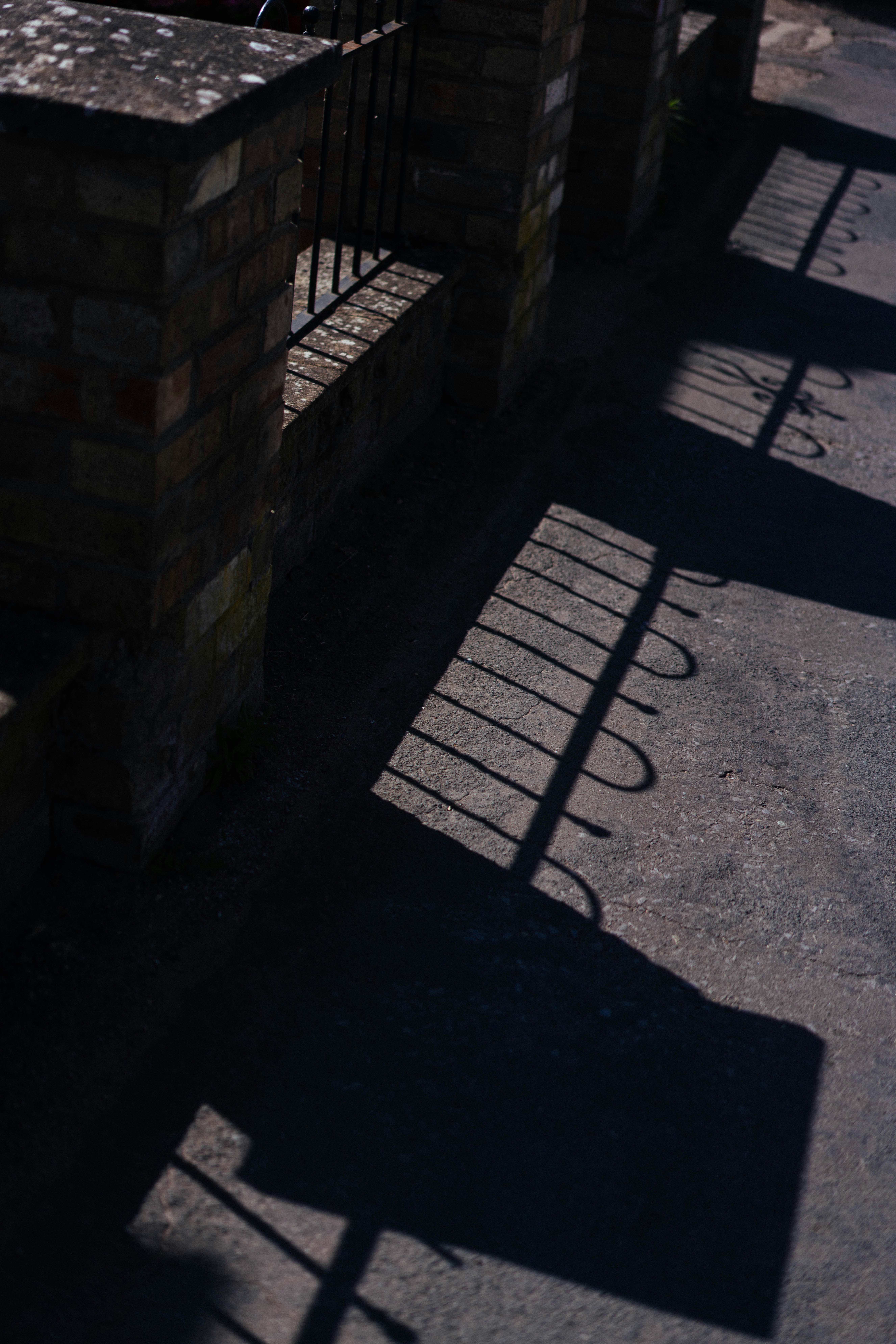 Long shadows from a fence stretch across a paved path.