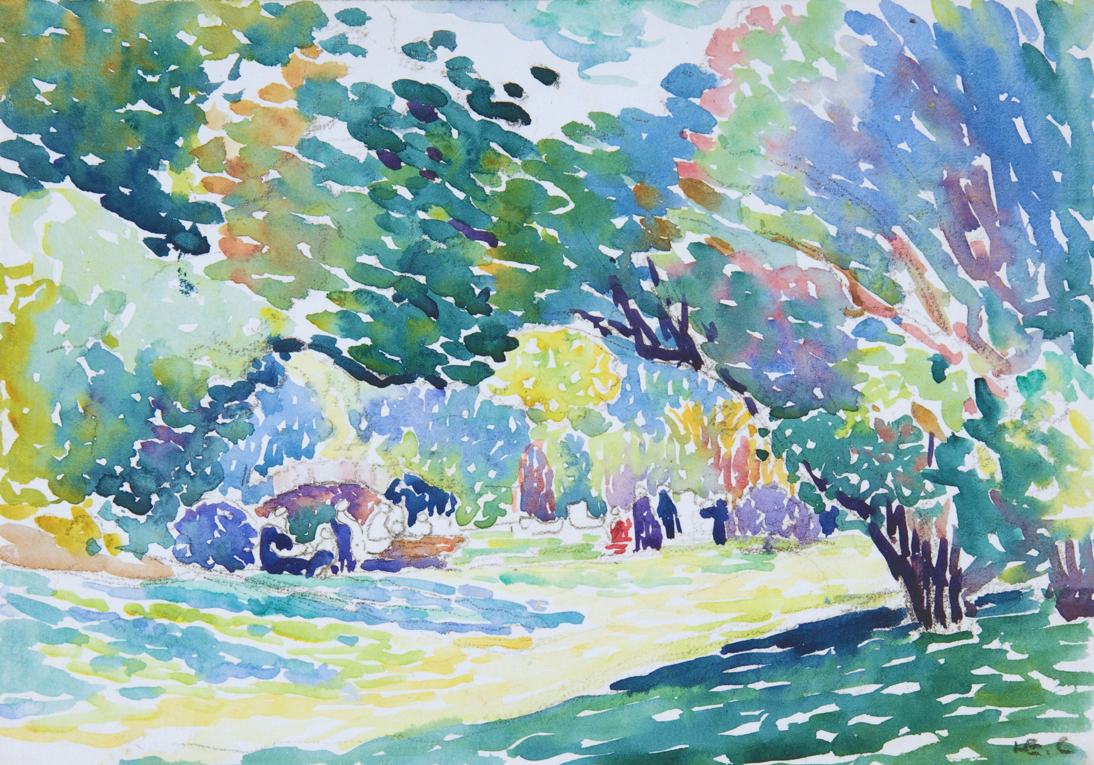 A vibrant impressionistic painting of people relaxing in a park