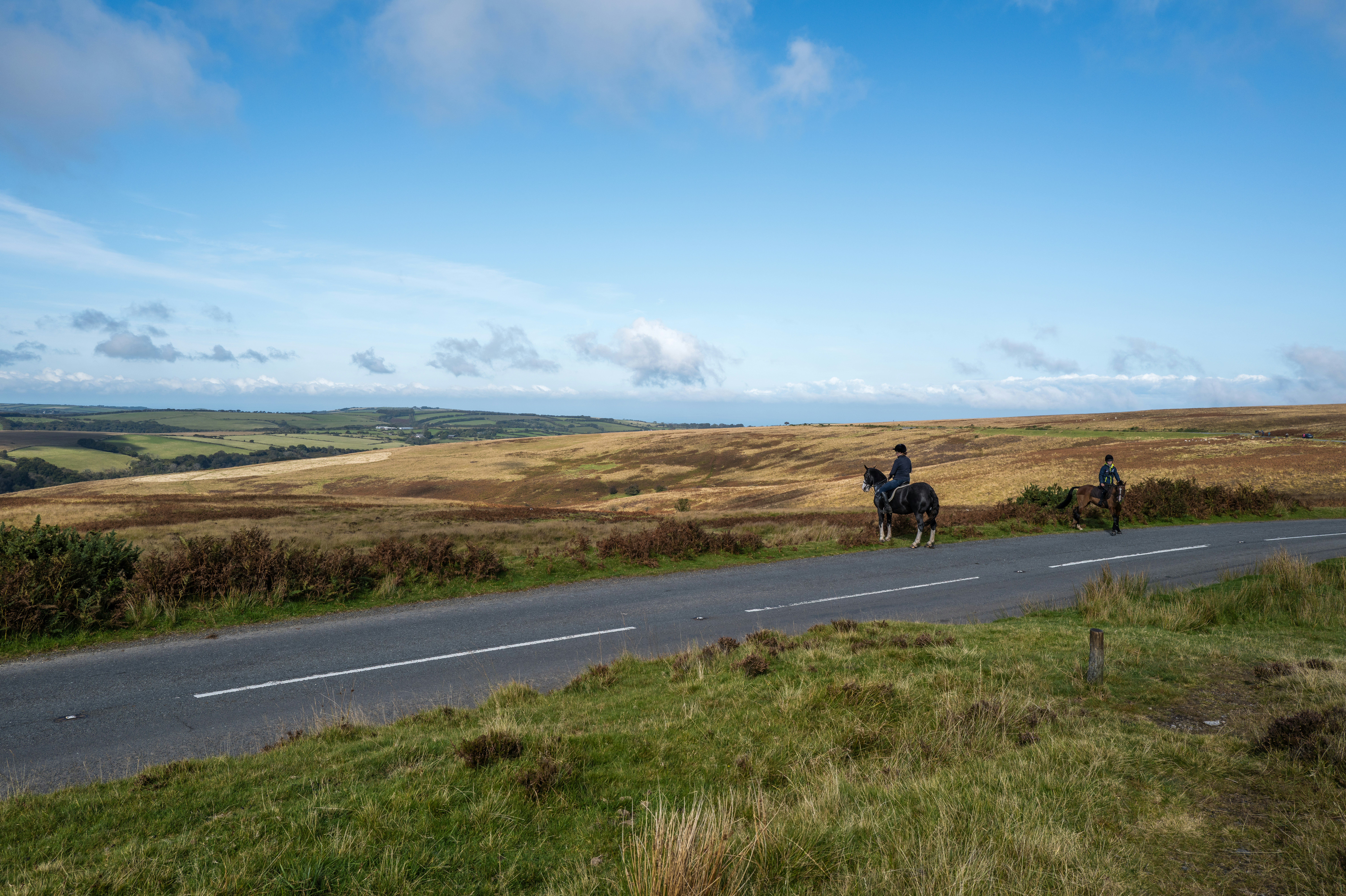 Horseback riders on a rural road with expansive moorland.