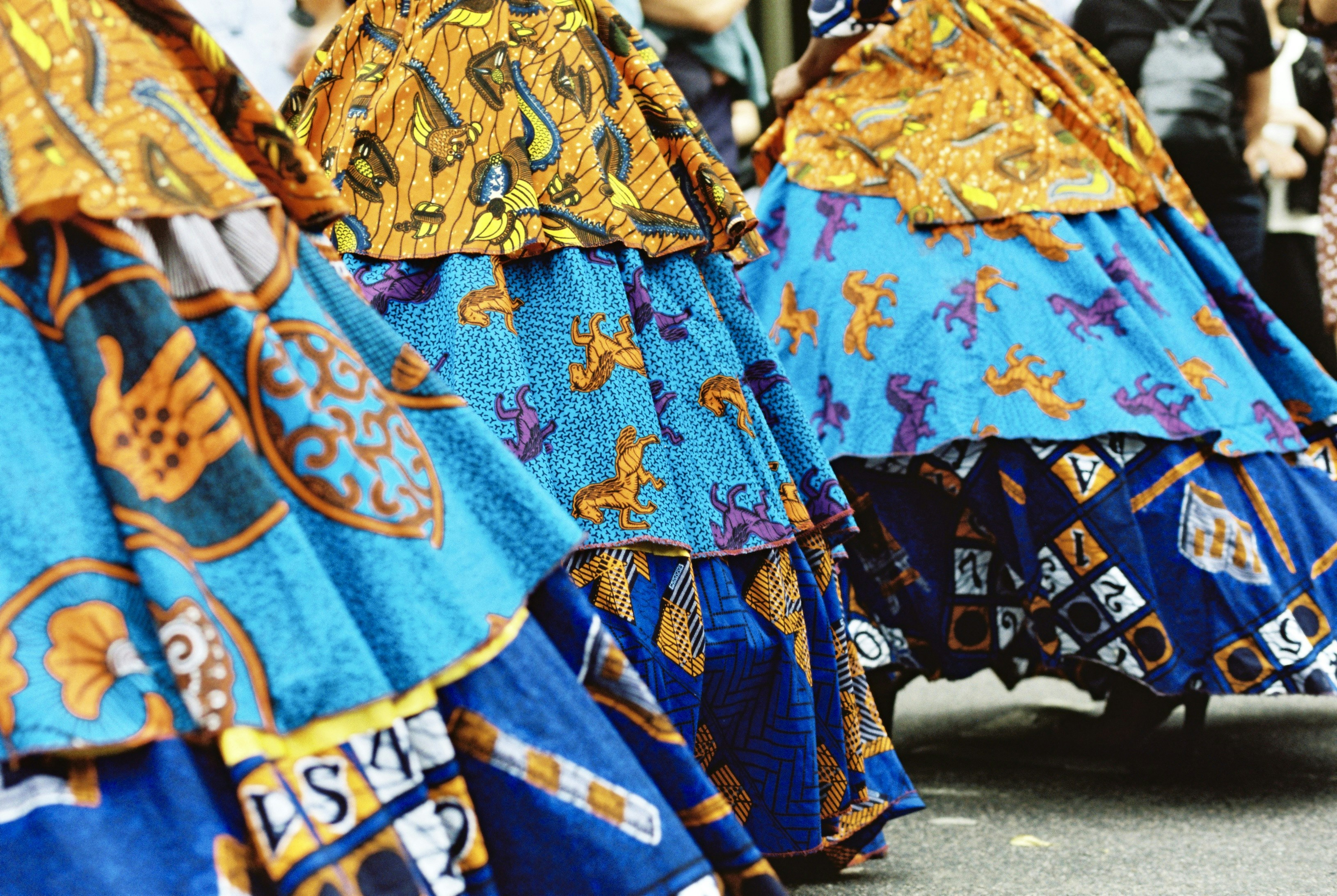 Vivid orange and blue african wax-print skirts