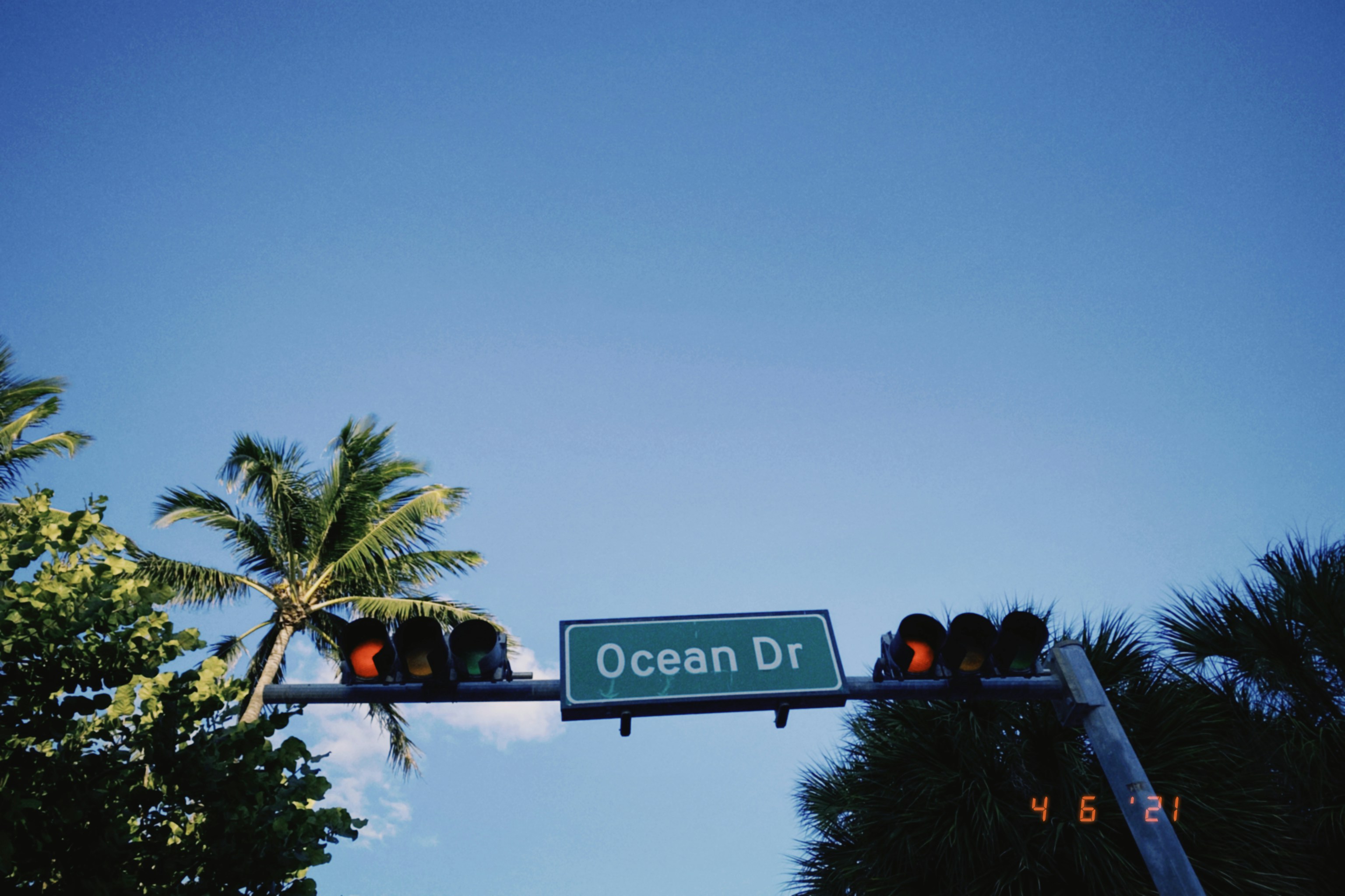 Ocean drive street sign with traffic lights and palm trees