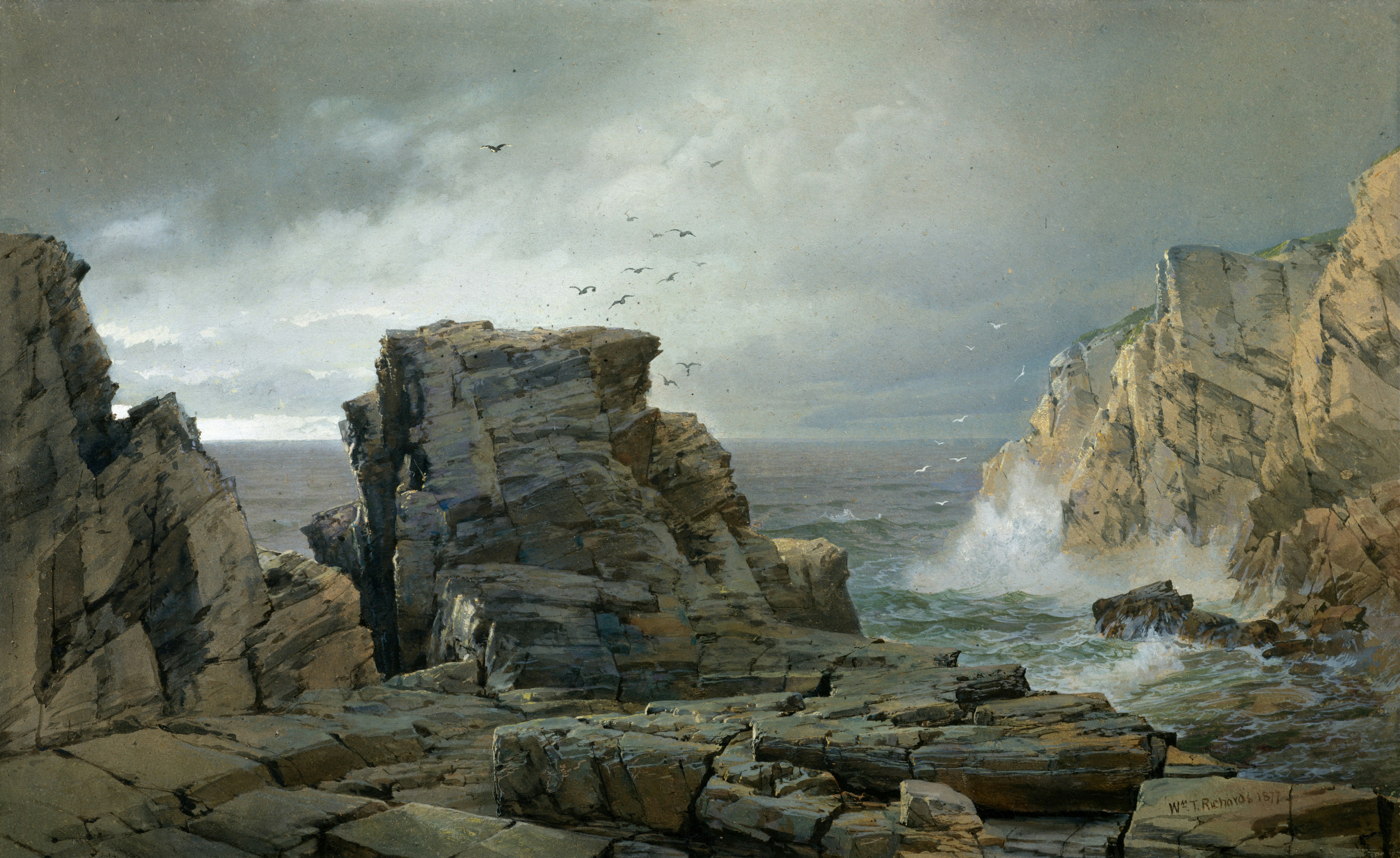 Title: A Rocky Coast, Artist: William Trost Richards (American, Philadelphia, Pennsylvania 1833–1905 Newport, Rhode Island), Date: 1877, Culture: American, Medium: Watercolor and gouache on fibrous brown wove paper, Dimensions: 28 1/8 x 36 1/4 in. (71.4 x 92.1 cm), Credit Line: Catharine Lorillard Wolfe Collection, Bequest of Catharine Lorillard Wolfe, 1887, Object Number: 87.15.6, Curatorial Department: The American Wing - 相关推荐