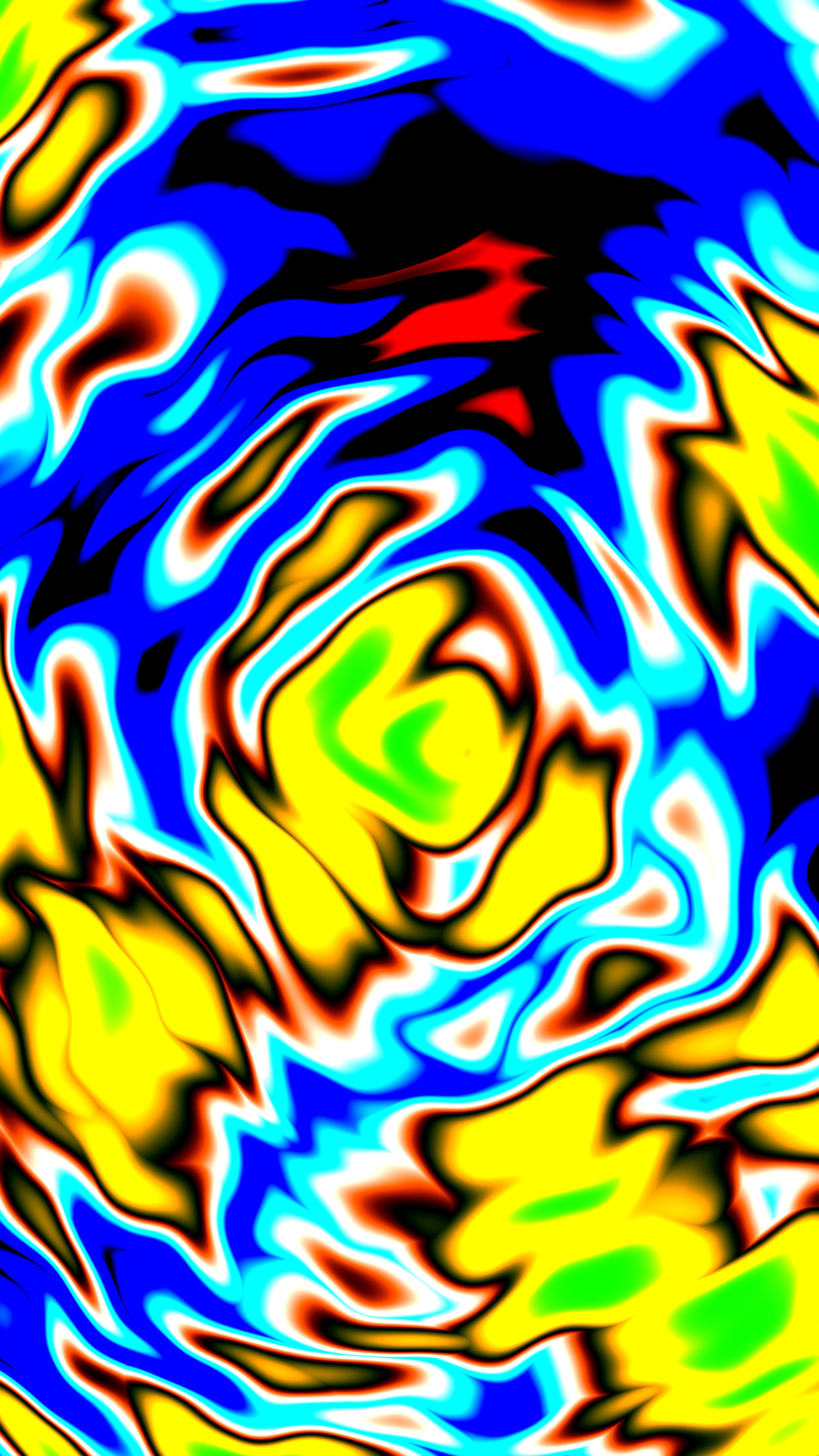 Abstract fluid pattern with vibrant yellow, blue, and red colors.