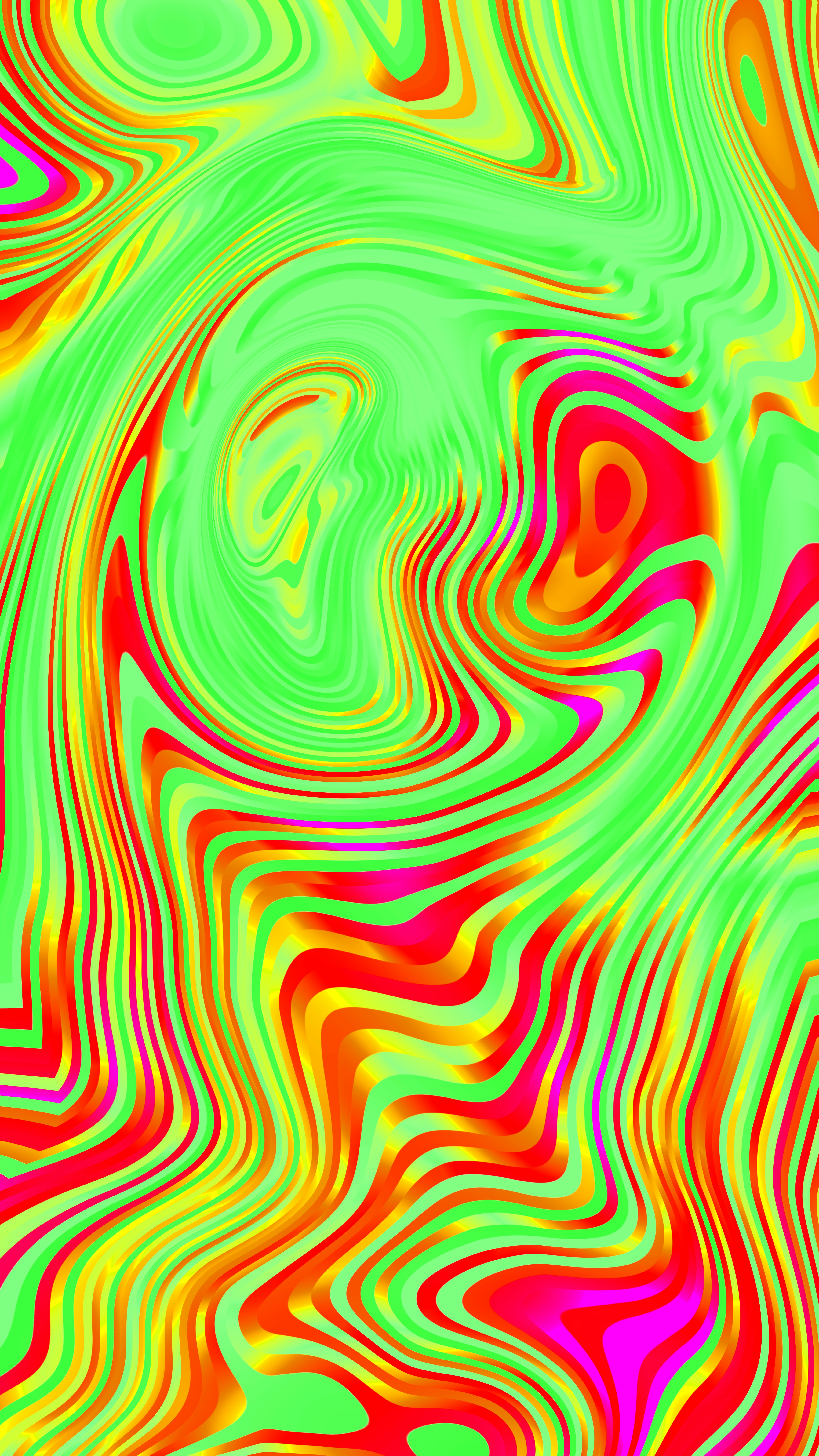 Vibrant swirling abstract pattern with green, red, and yellow colors.