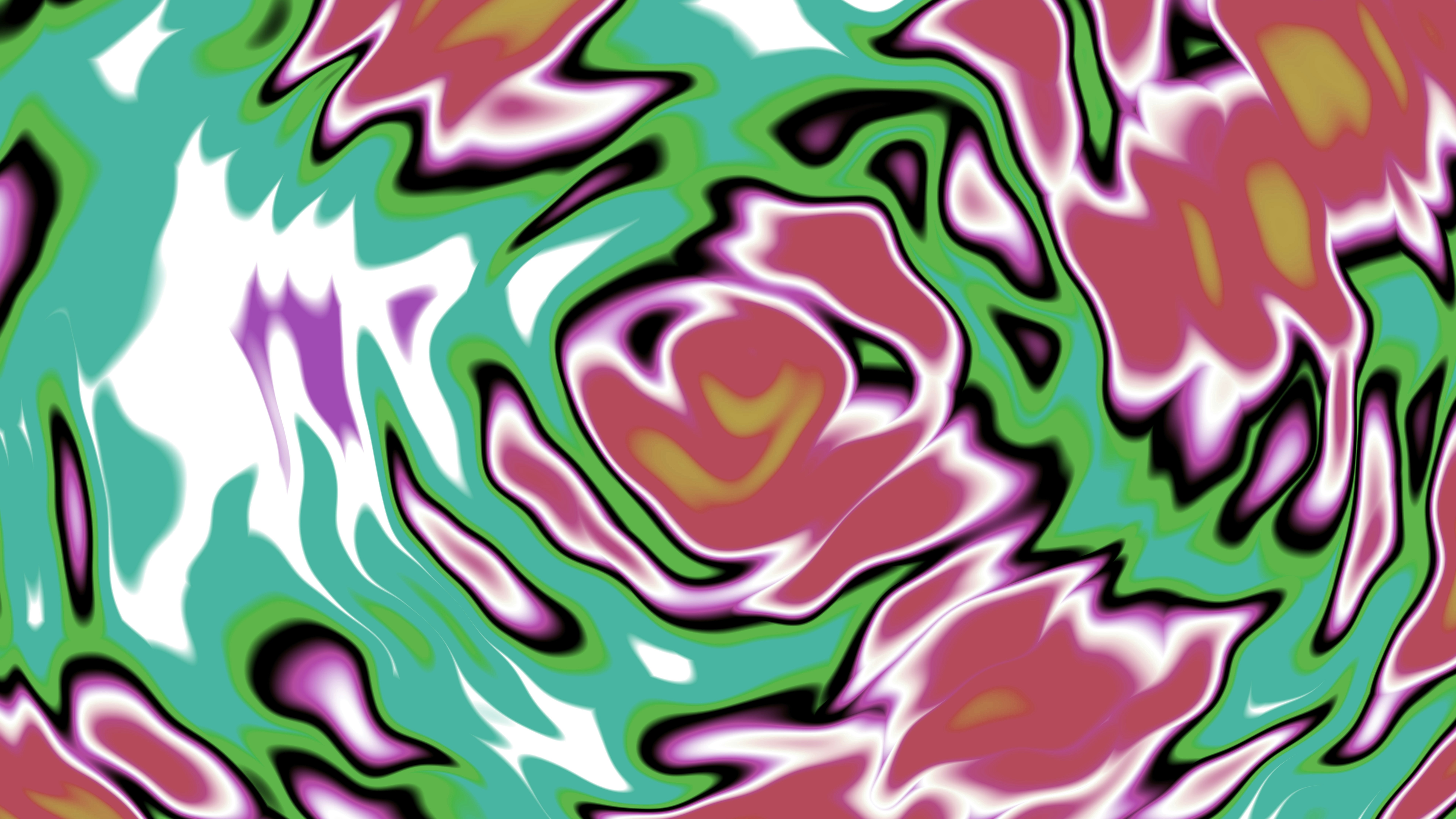 Abstract wavy pattern with green, red, white, and purple colors.