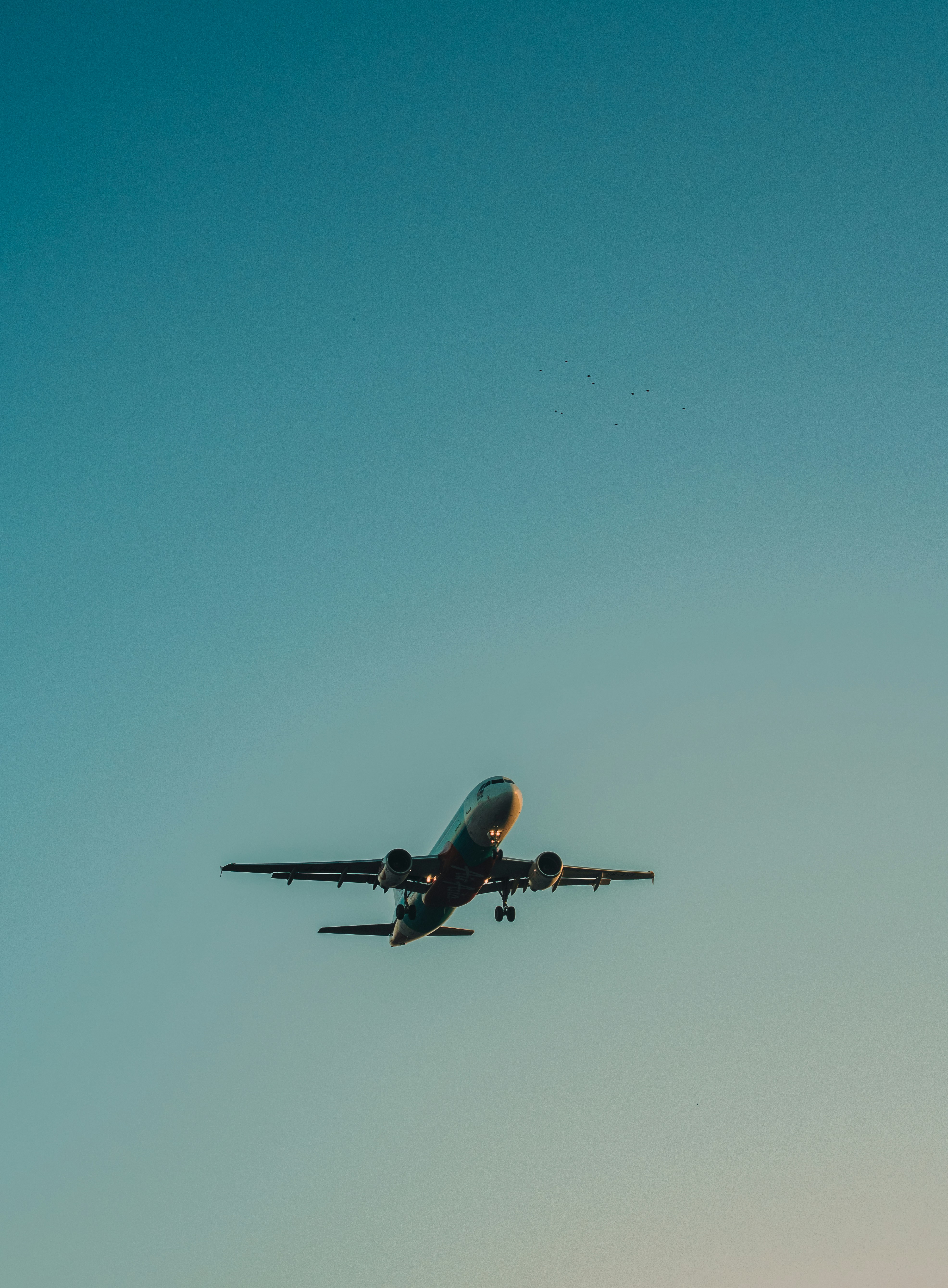 Avião comercial voando em um vasto céu azul.