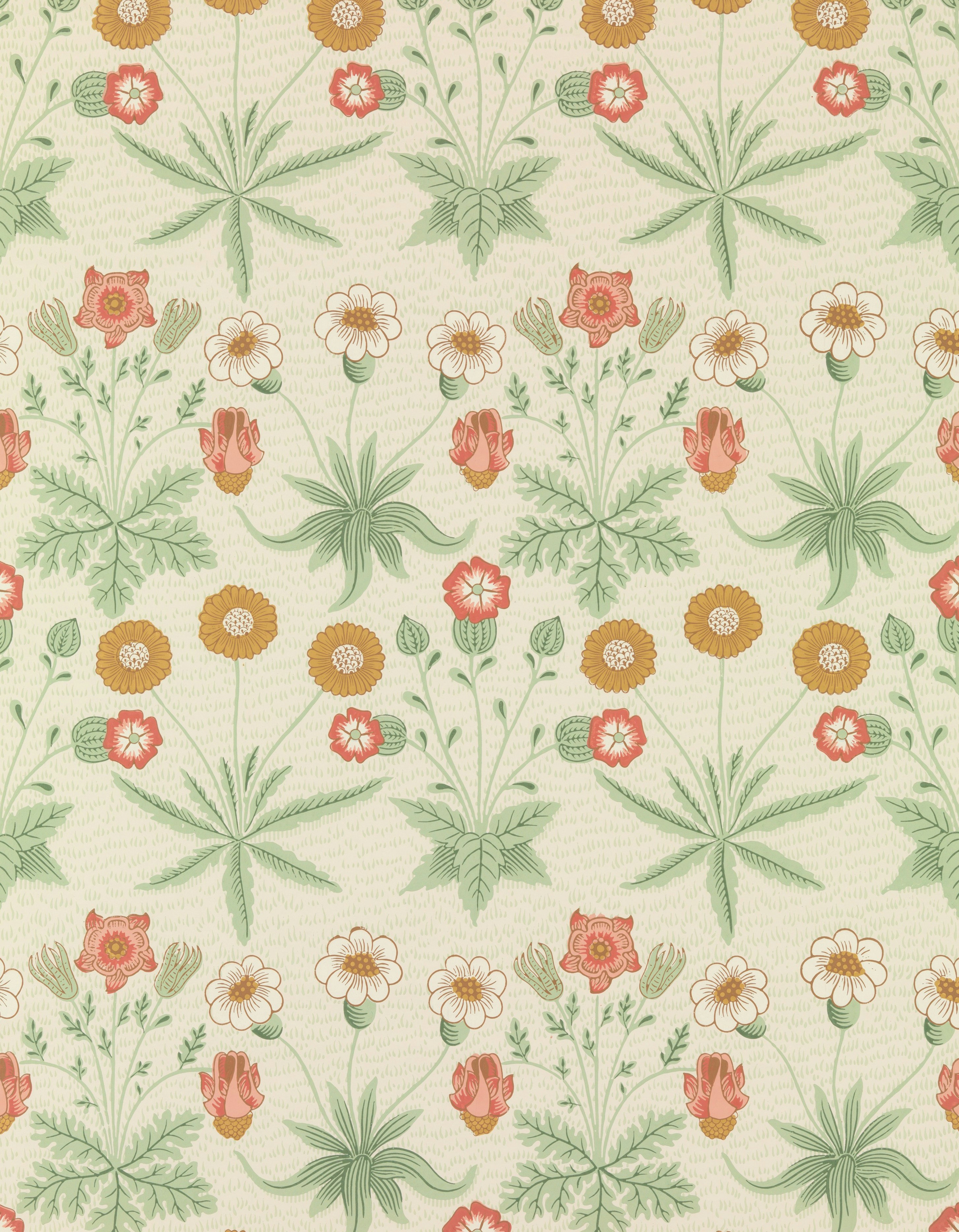 Motivo floreale stilizzato con fiori arancioni, rossi e bianchi