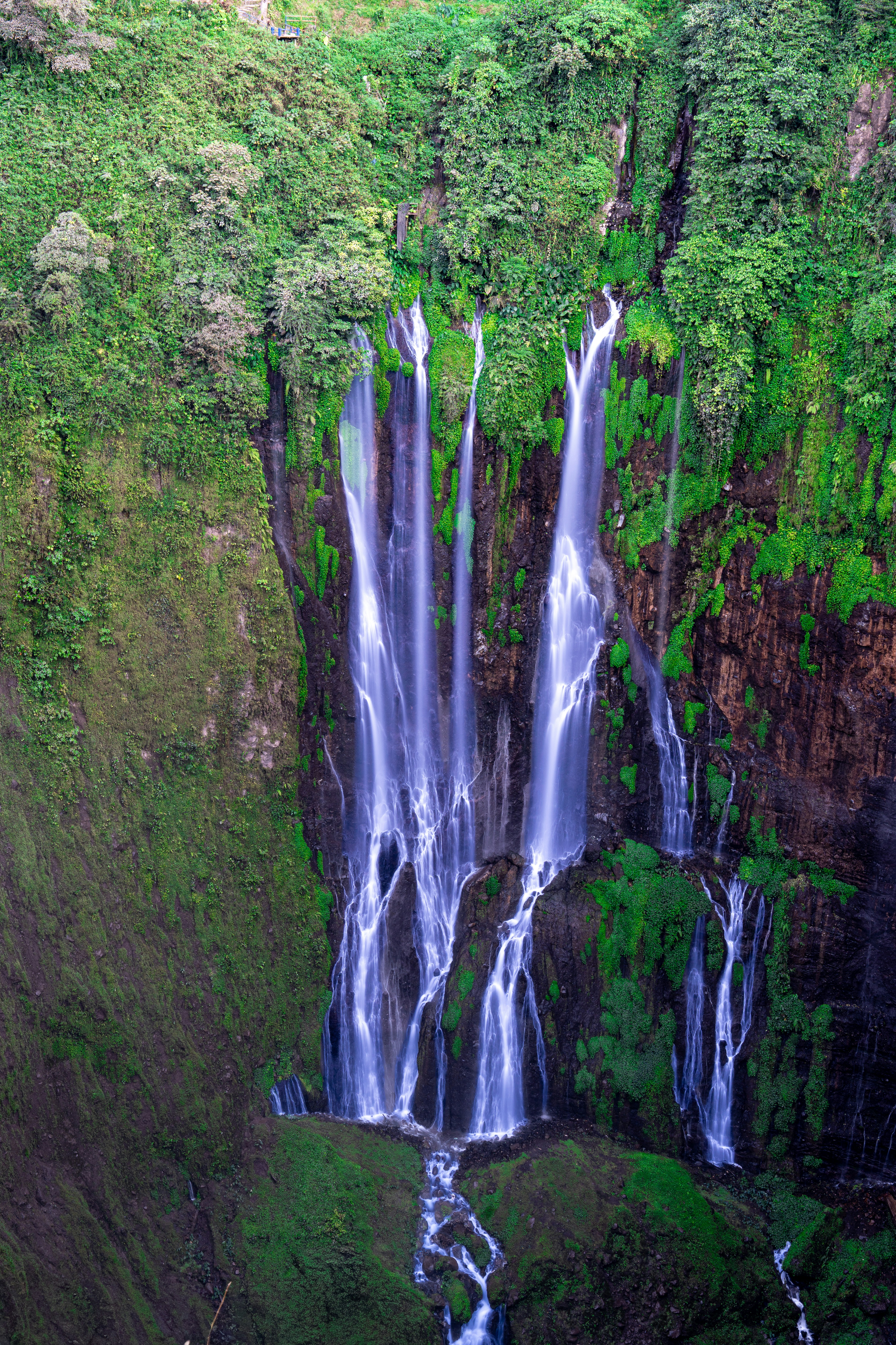 Tebing hijau subur dengan beberapa air terjun yang mengalir