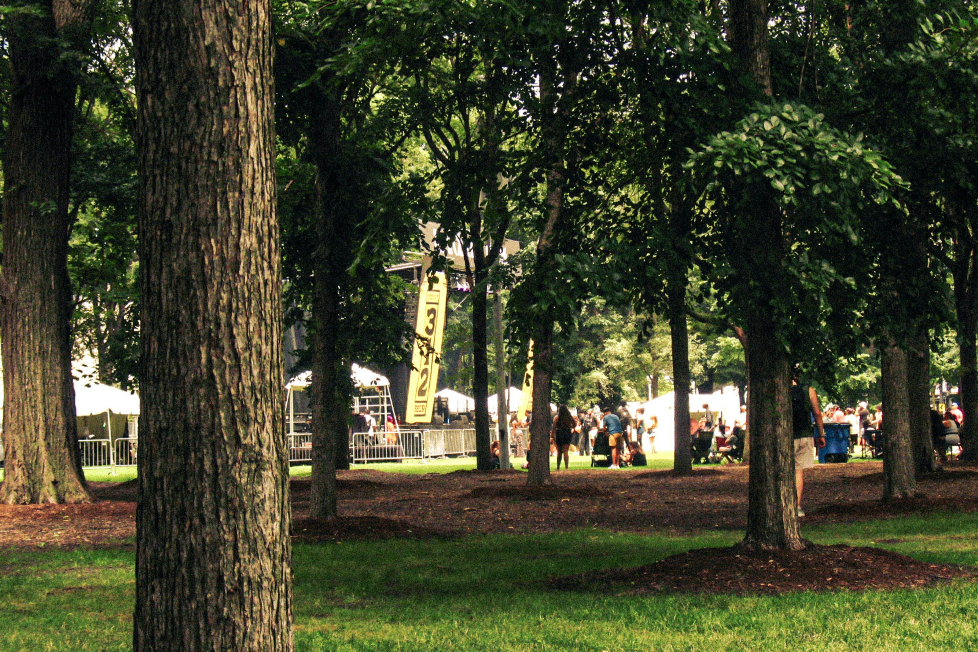 Illustration of a summer music festival in a waterfront park, with a stage, crowd on a grassy field and trees near the water.