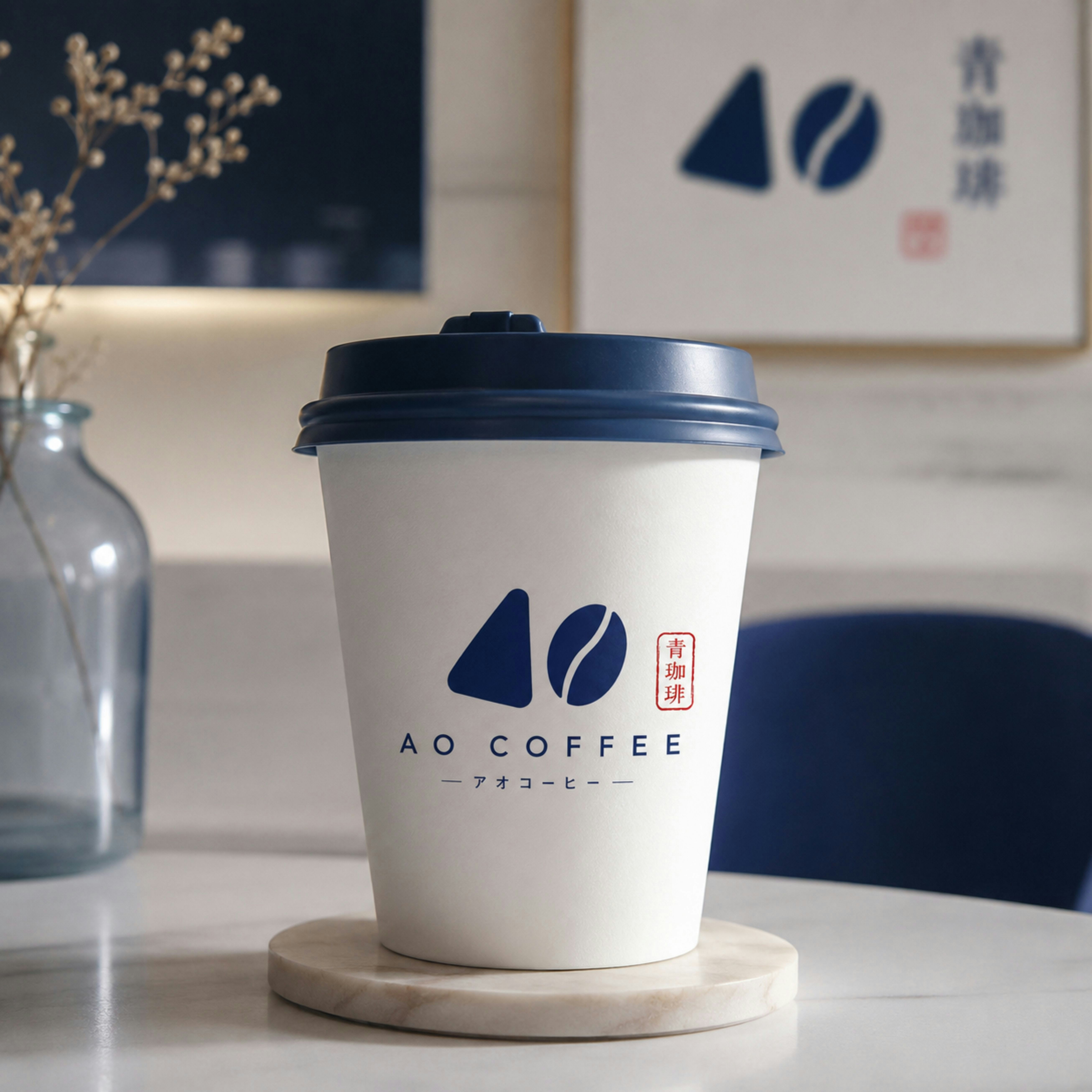 A white ao coffee cup with a blue lid