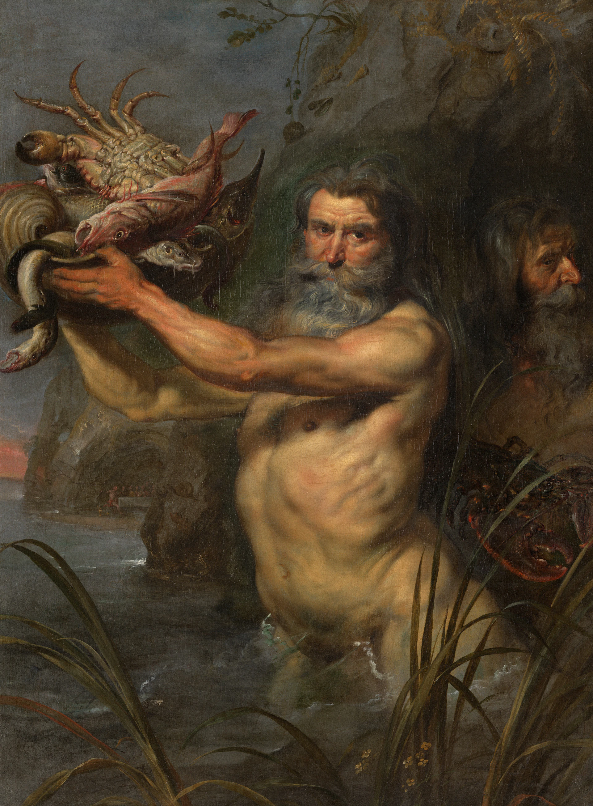 Nude bearded man holding a crab, fish, and snake.